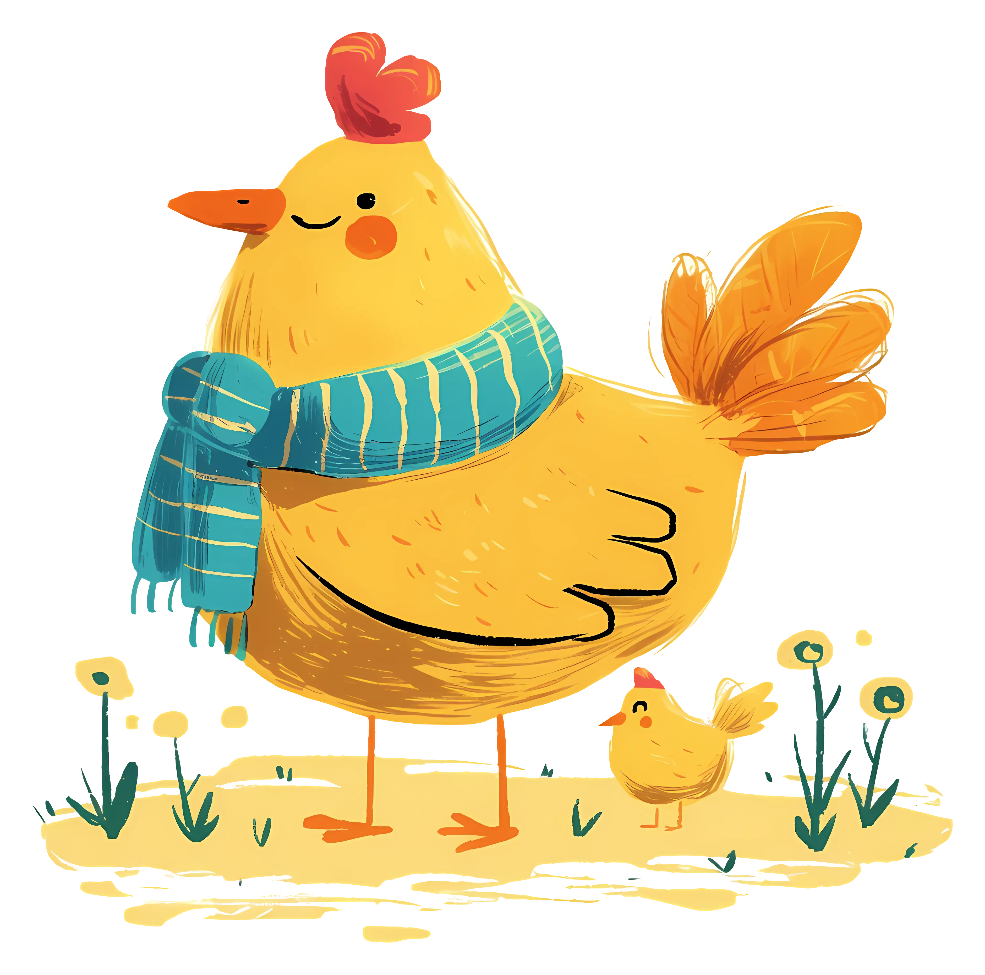 Cartoon Chicken with Scarf and Chick