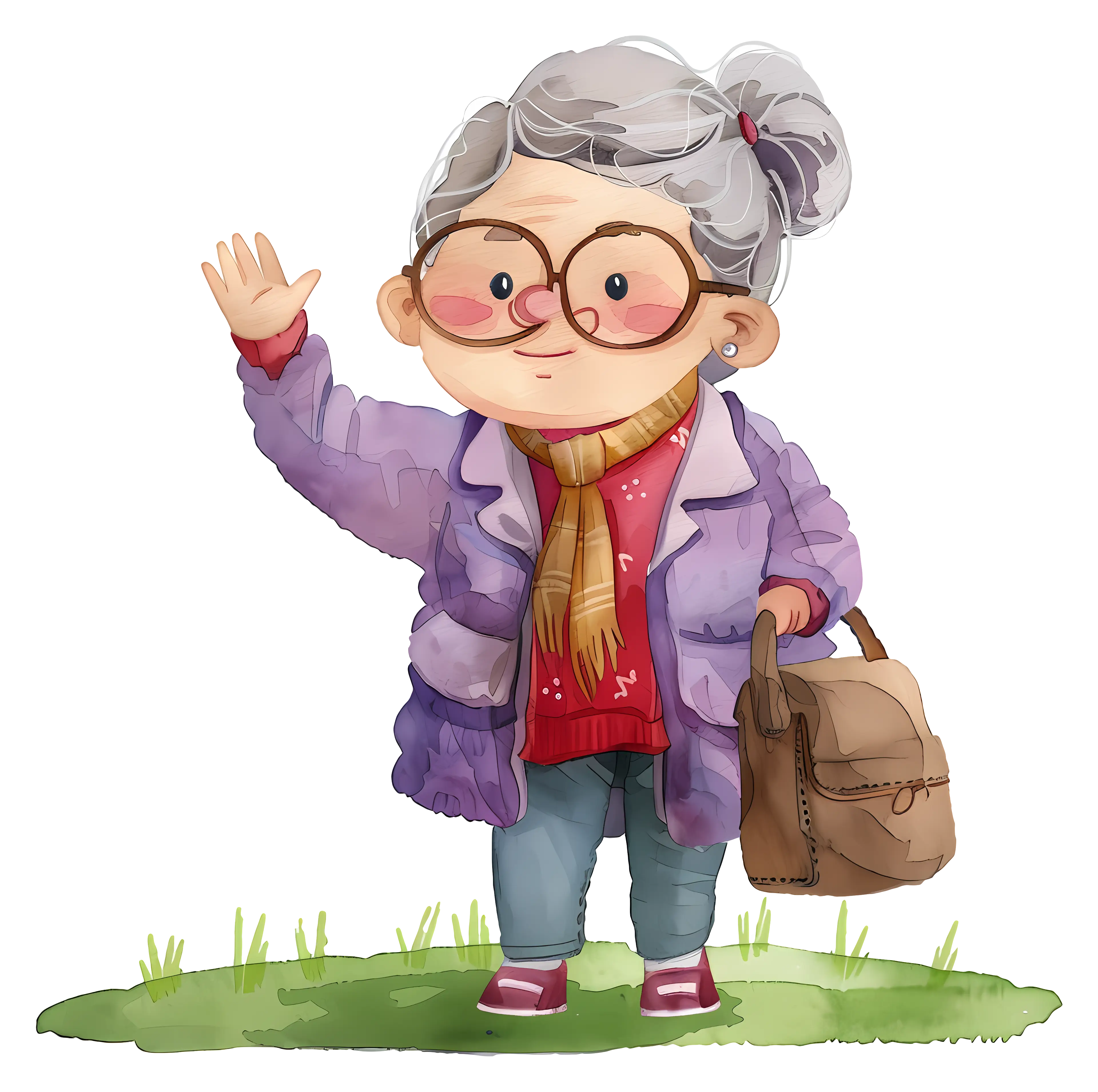 Elderly Woman Waving with Bag