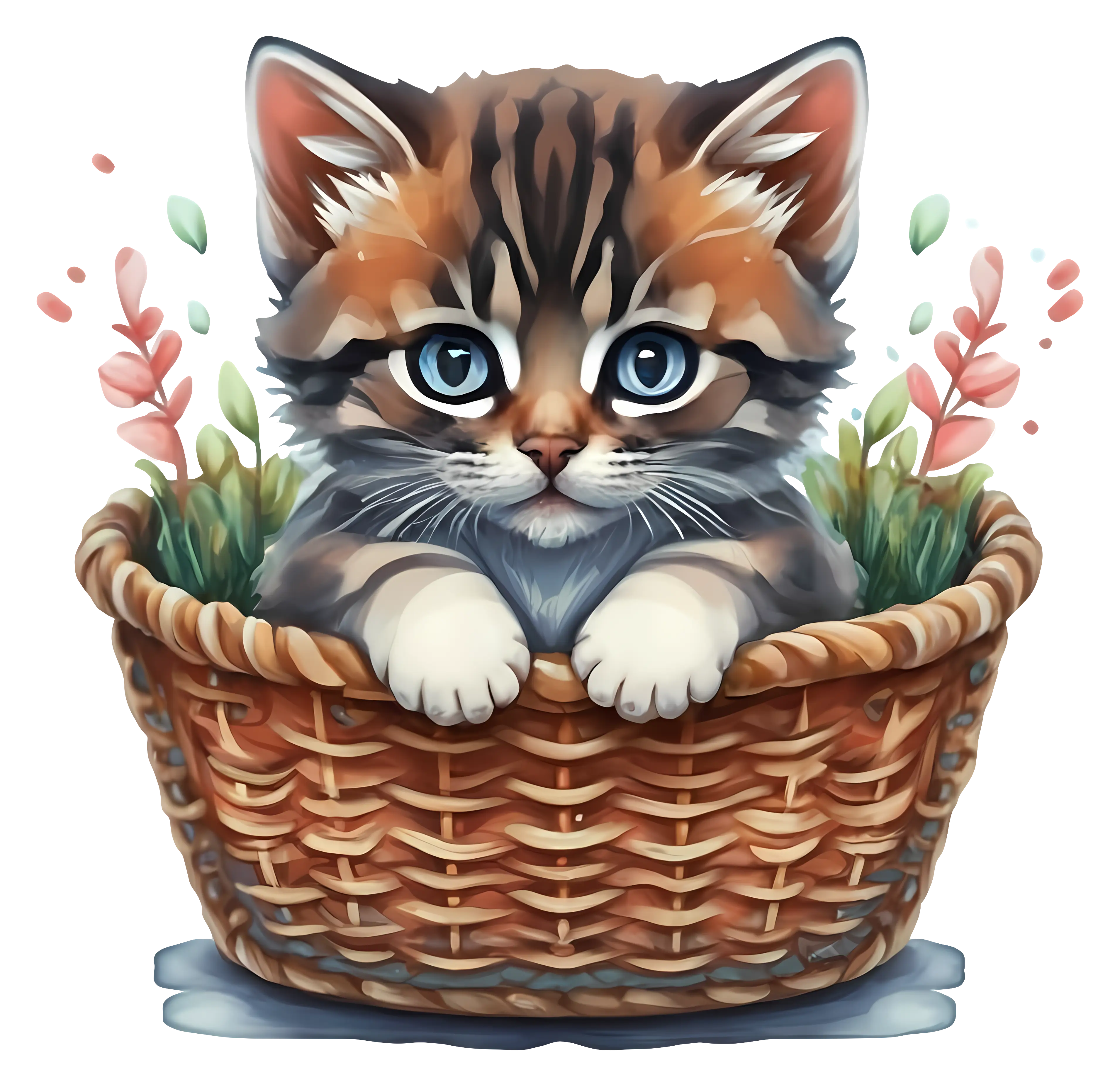 Kitten in Basket with Flowers