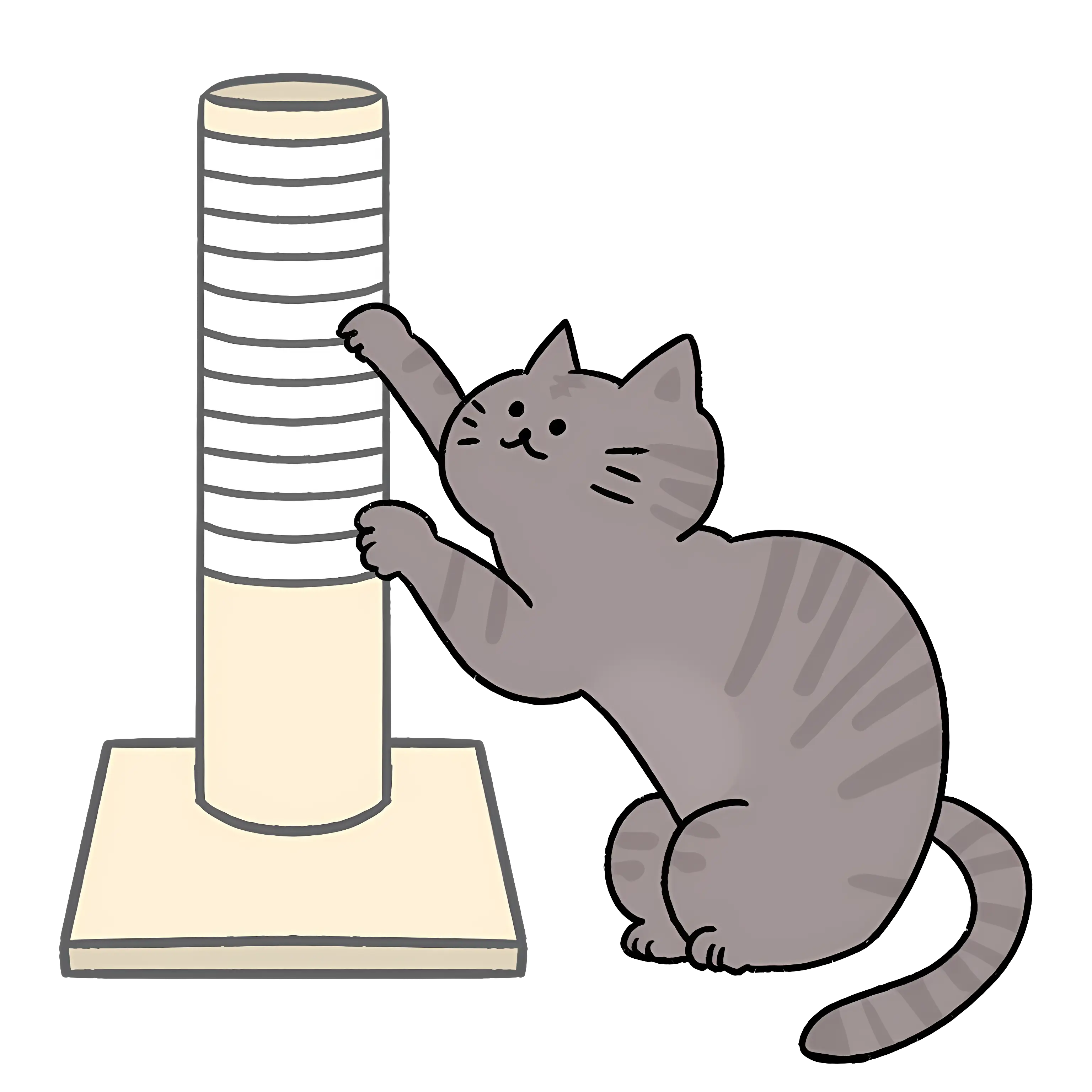 Cute Grey Cat with Scratching Post Illustration