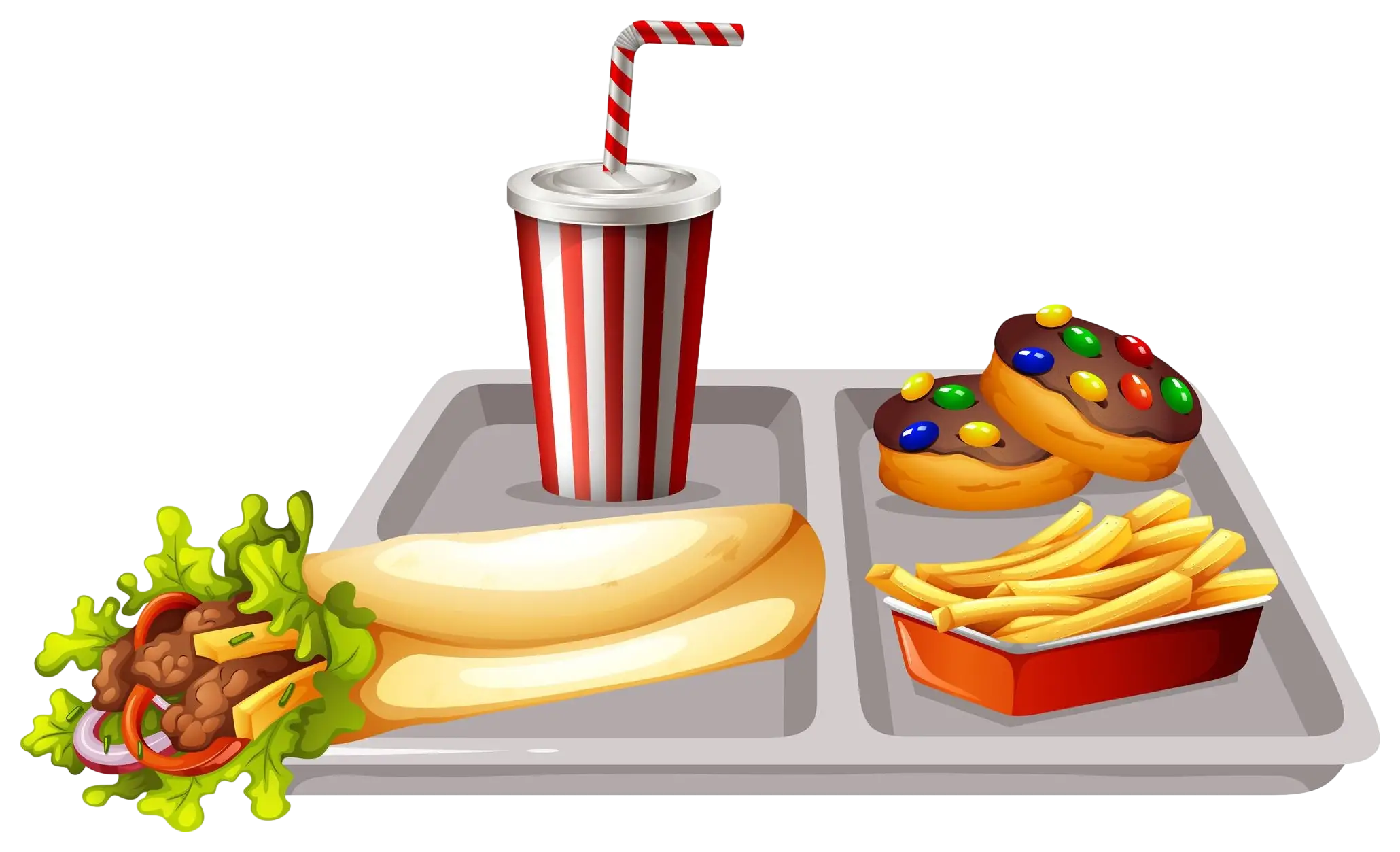 Fast Food Meal Tray with Soda, Fries, and Desserts
