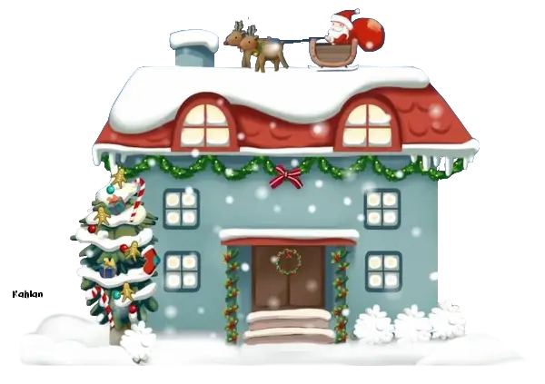 Cartoon Holiday House with Santa and Sleigh