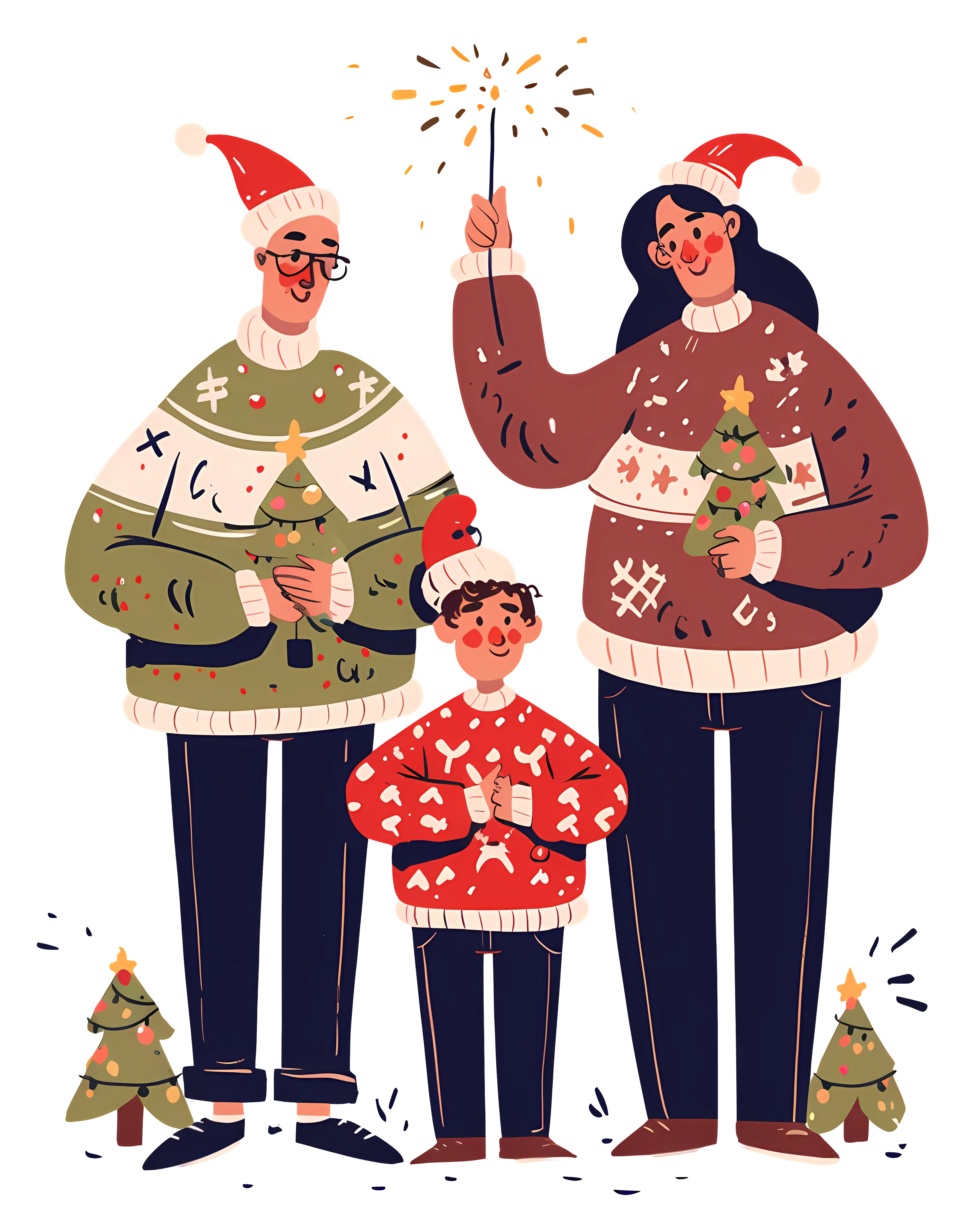 Illustrated Christmas Family with Festive Sweaters