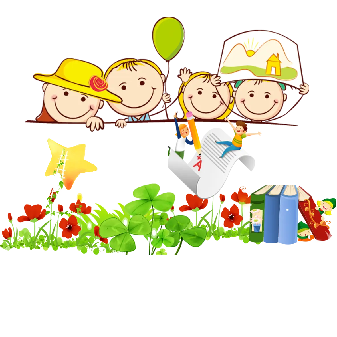 Happy Kids with Drawing and Books