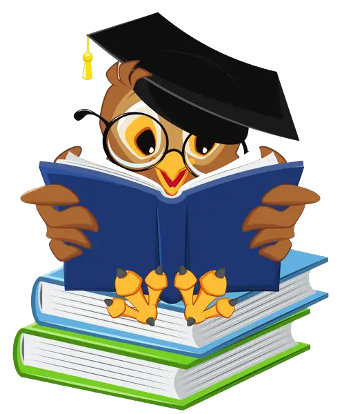 Cartoon Owl in Graduation Cap Reading Books
