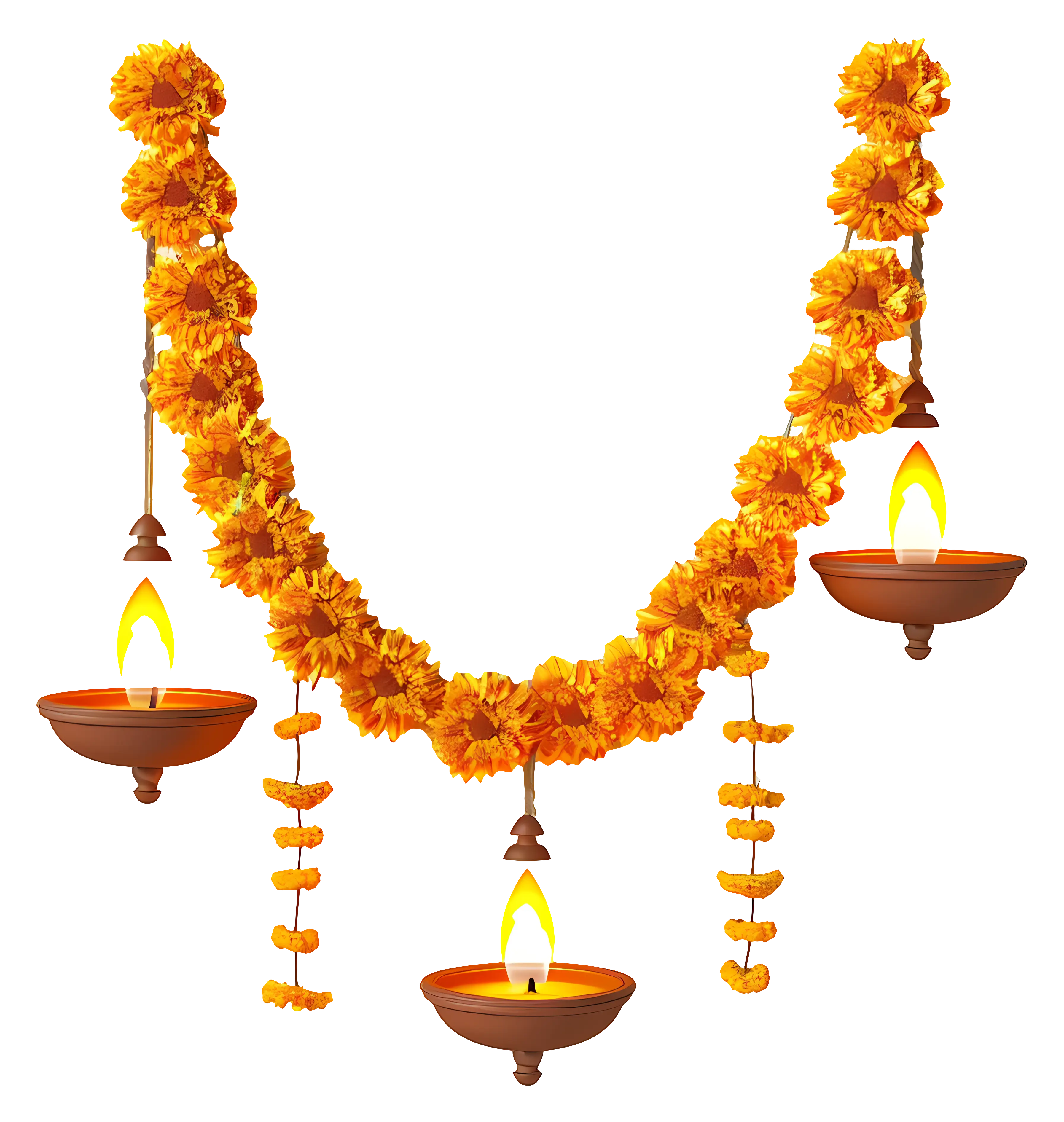 Marigold Garland and Oil Lamps for Festival Decor
