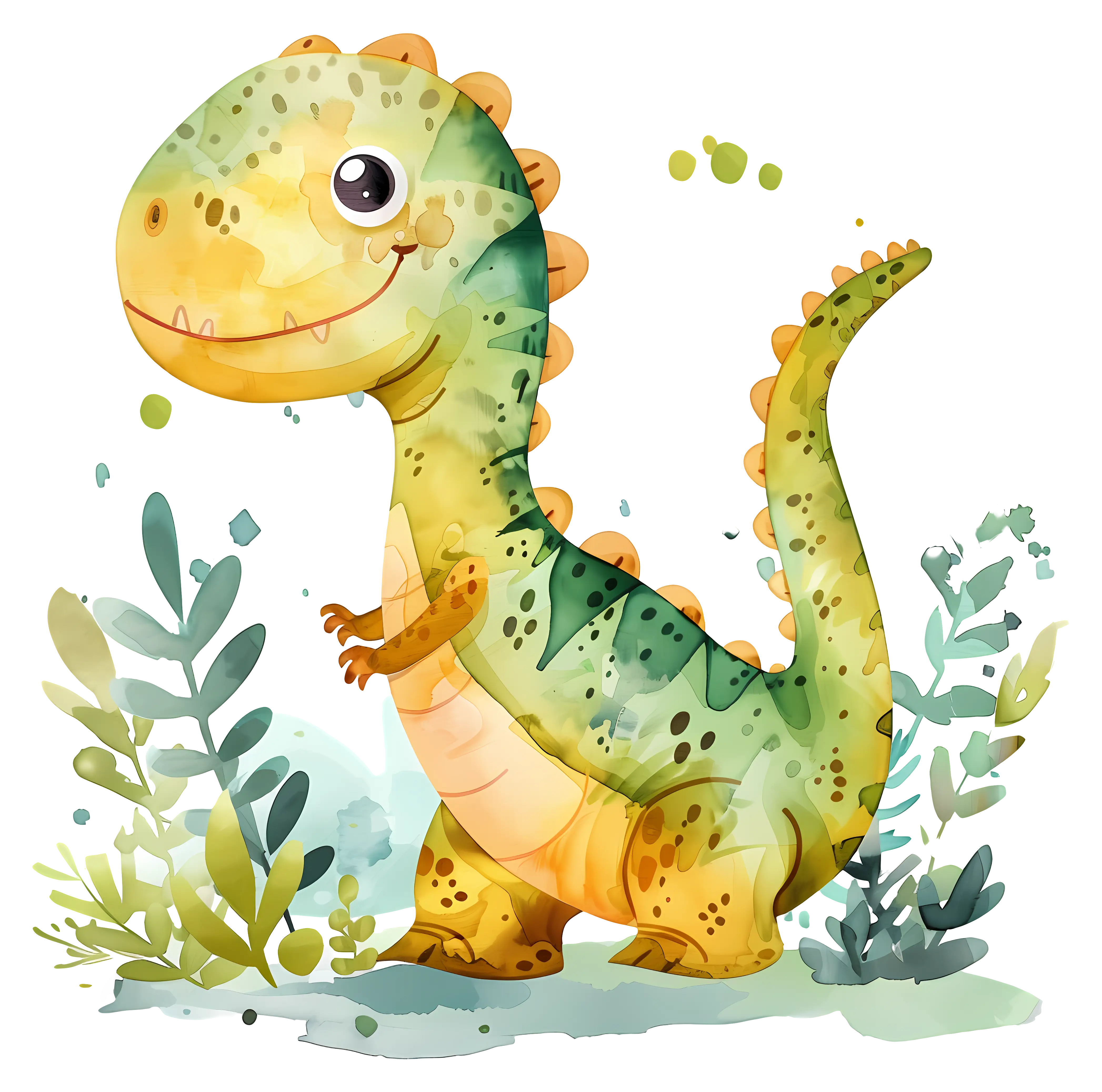 Cute Green Dinosaur with Plants in Watercolor Style