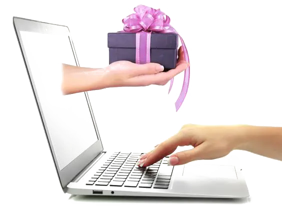 Hand Holding Gift Box from Laptop