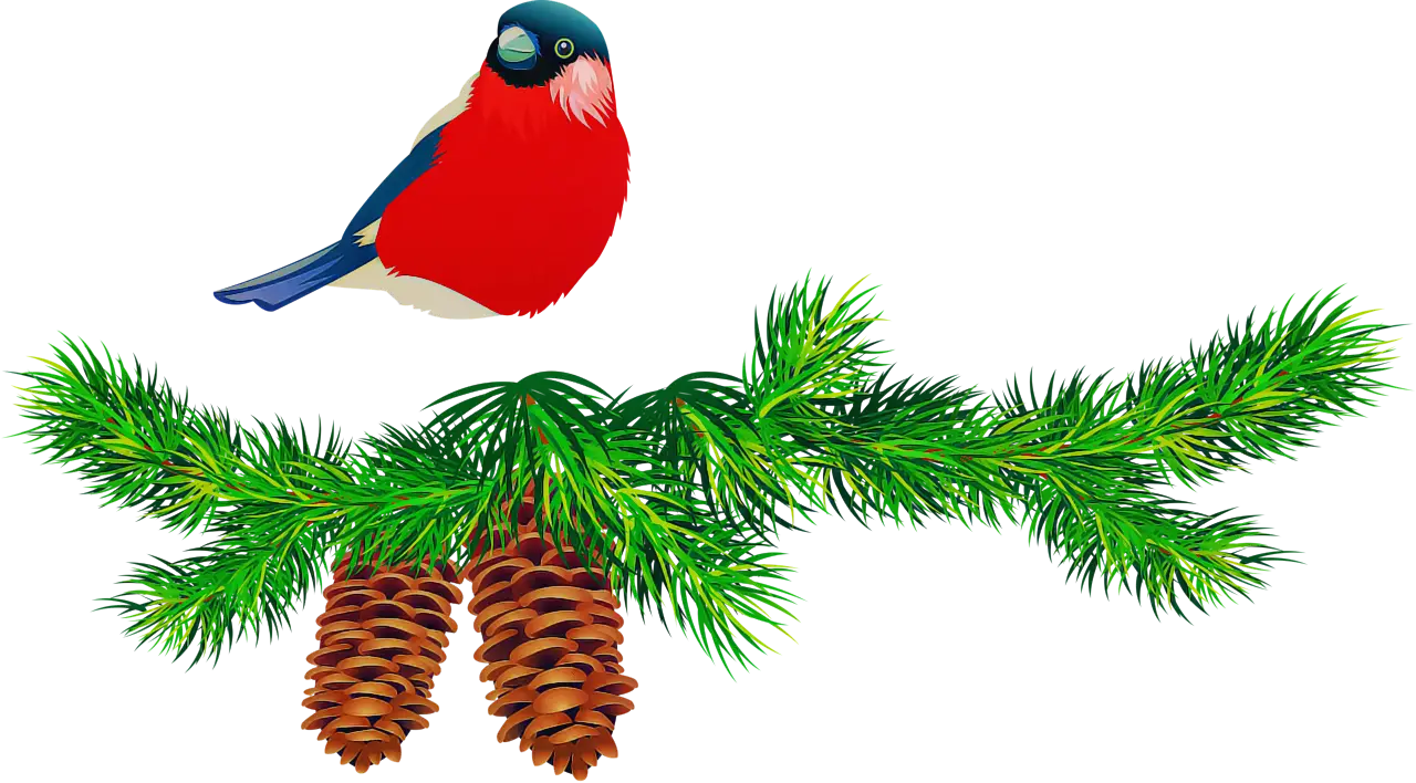 Bird on Pine Branch with Festive Pinecones