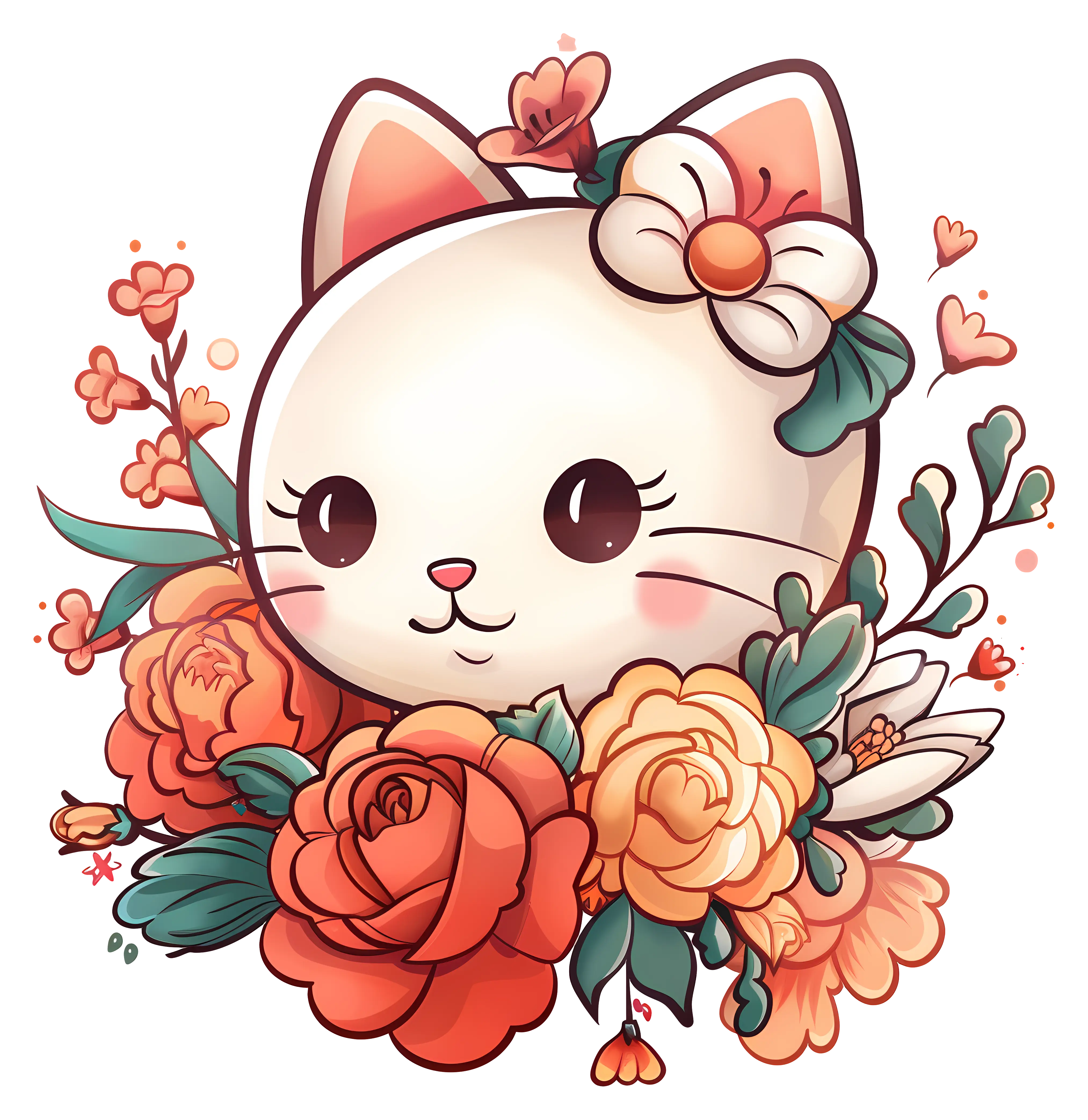 Cute Cat with Flowers Illustration