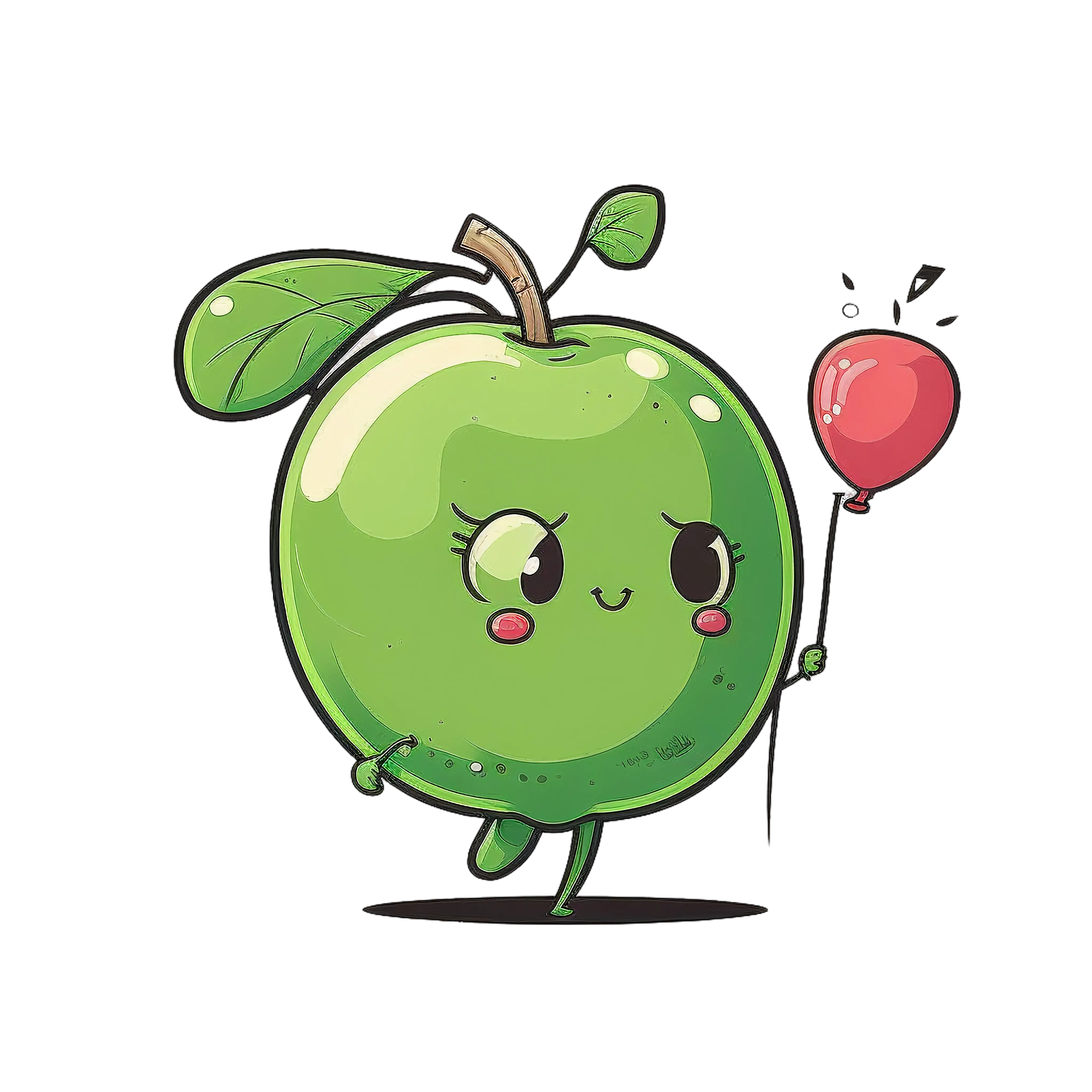 Cute Green Apple Cartoon Holding a Balloon
