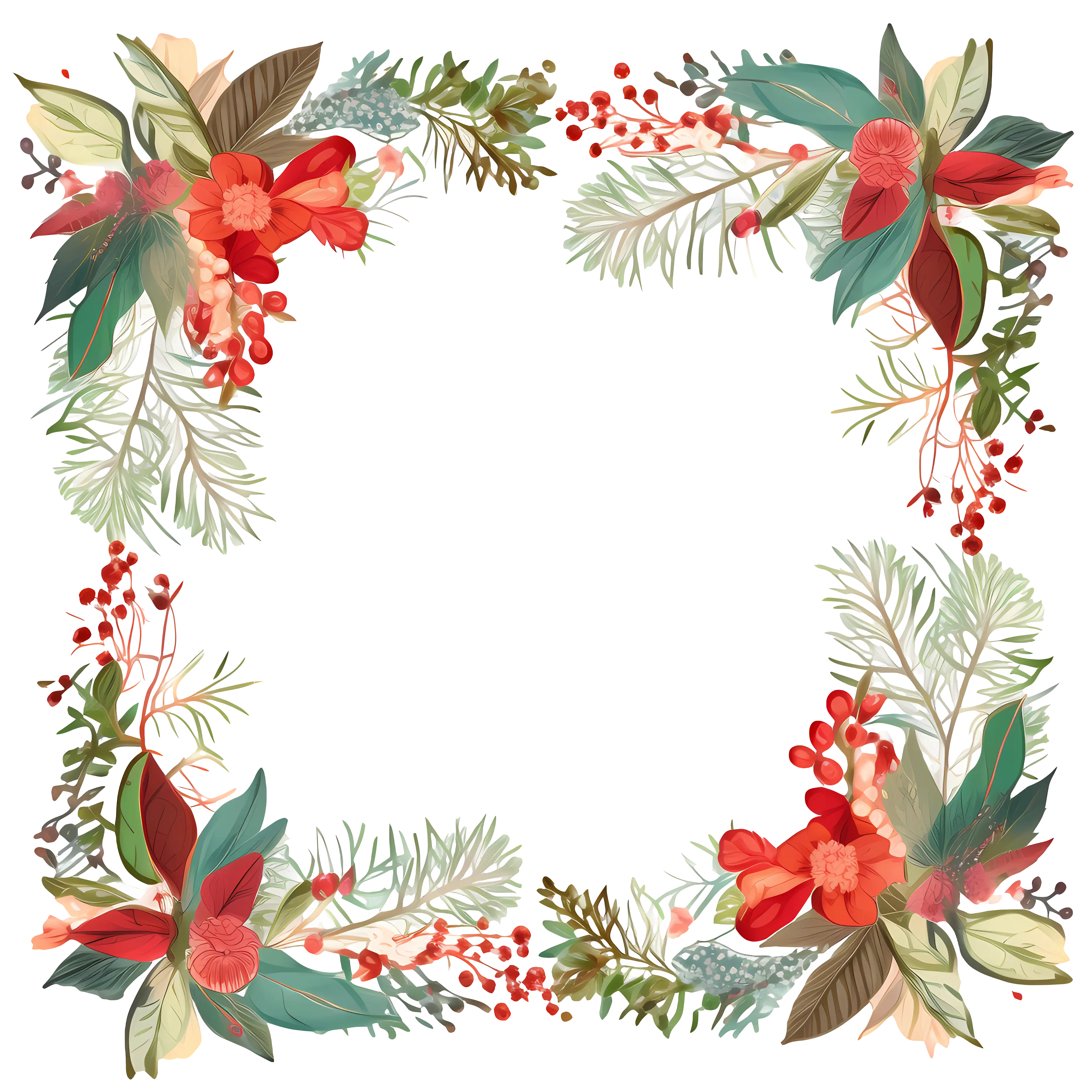 Floral Frame with Red Flowers and Greenery