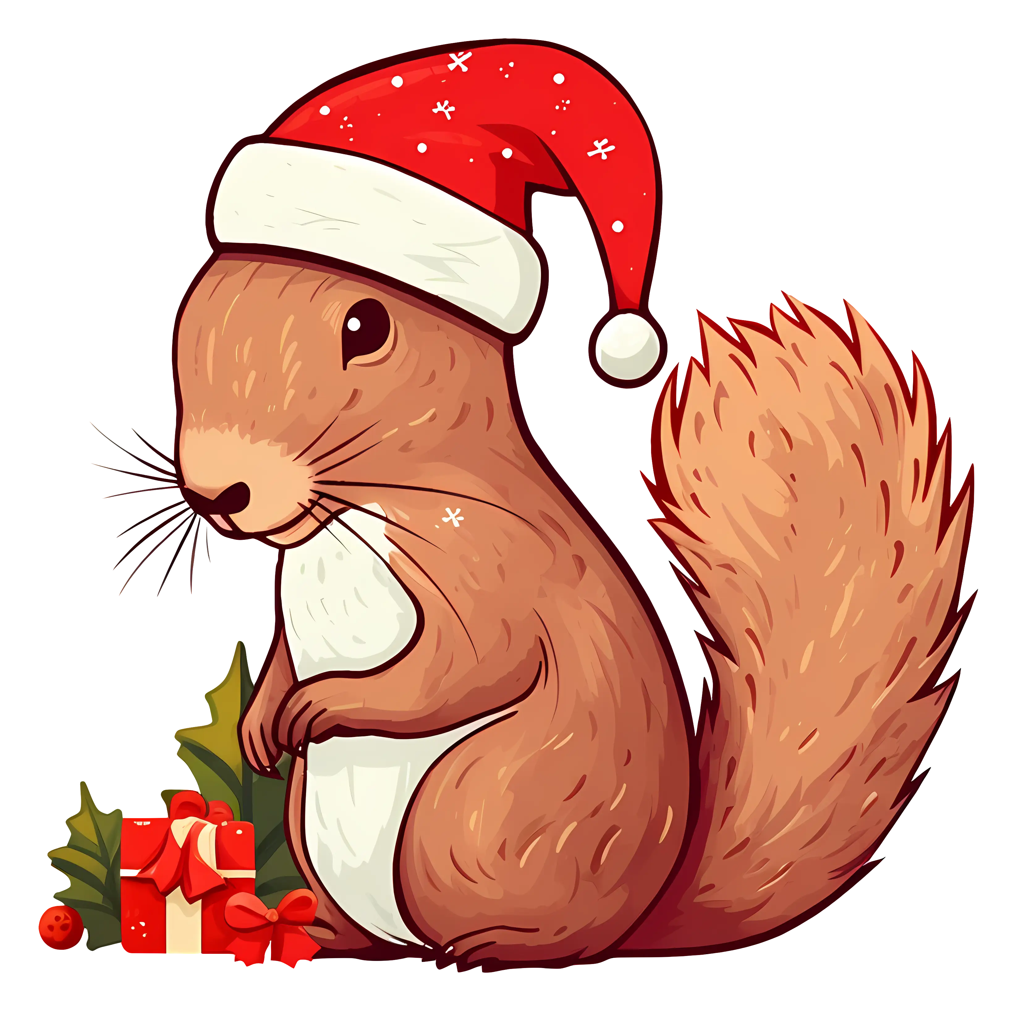 Christmas Squirrel with Santa Hat and Gifts