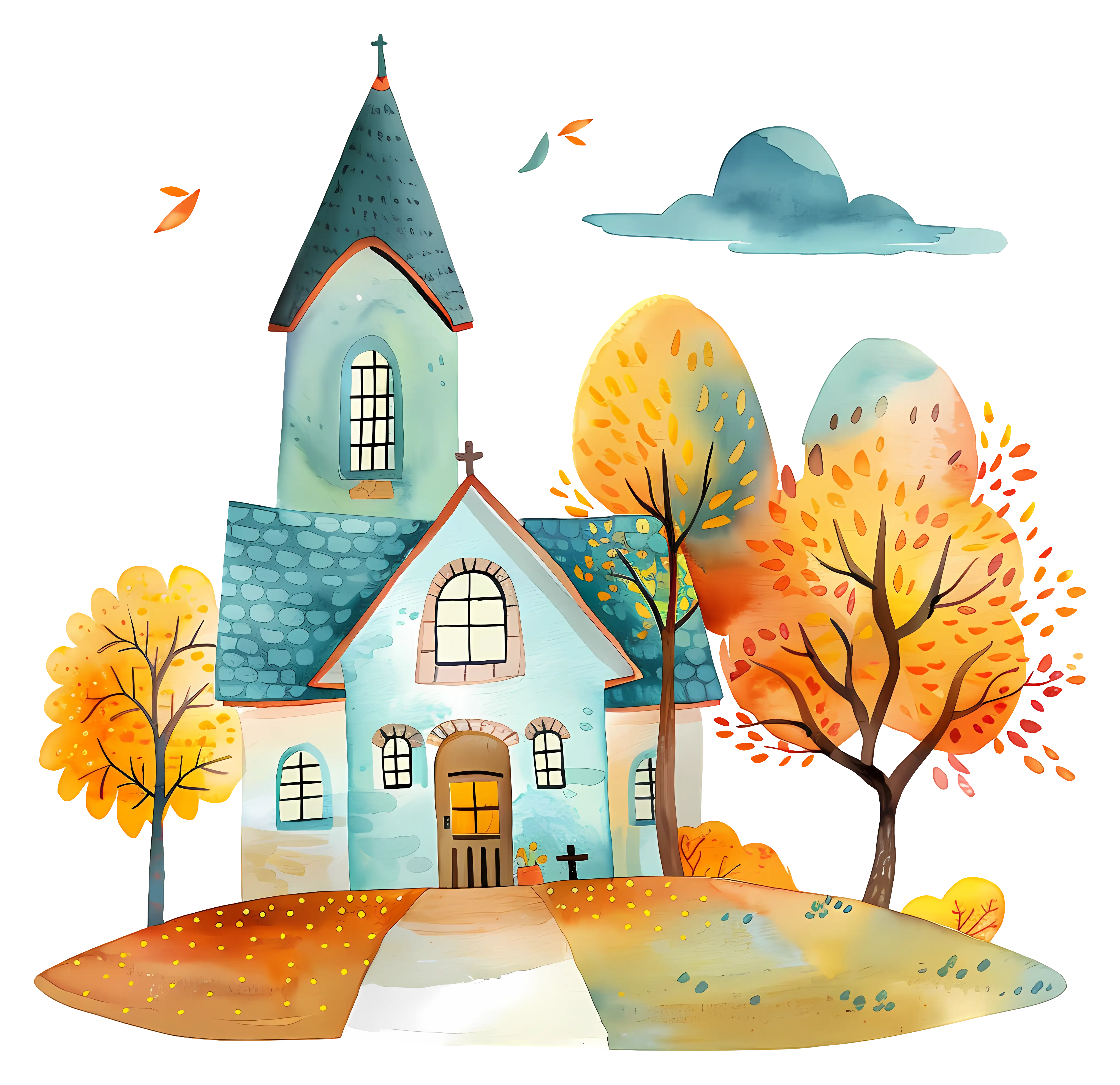 Watercolor Church with Autumn Landscape
