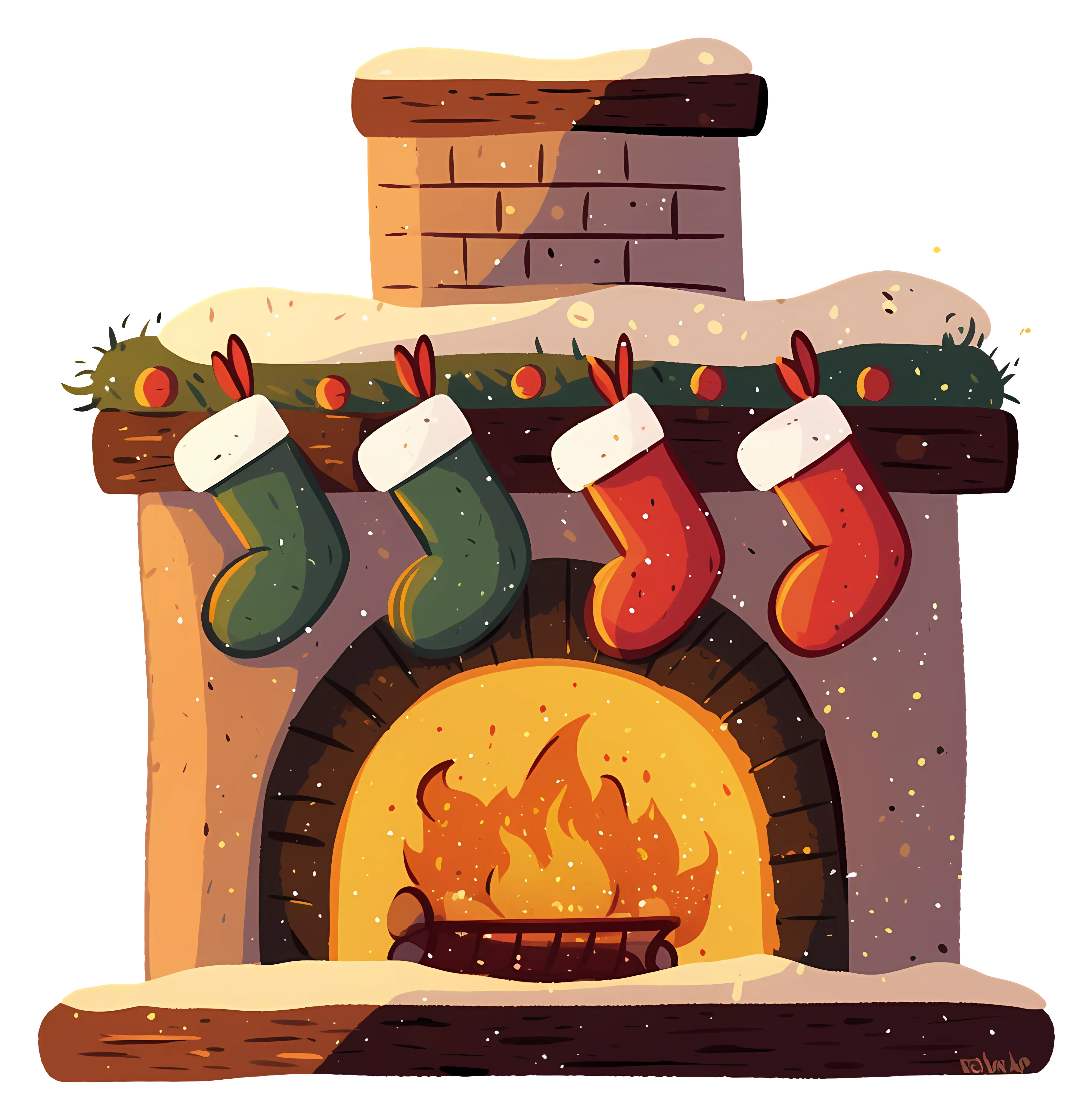 Snowy Fireplace with Christmas Stockings