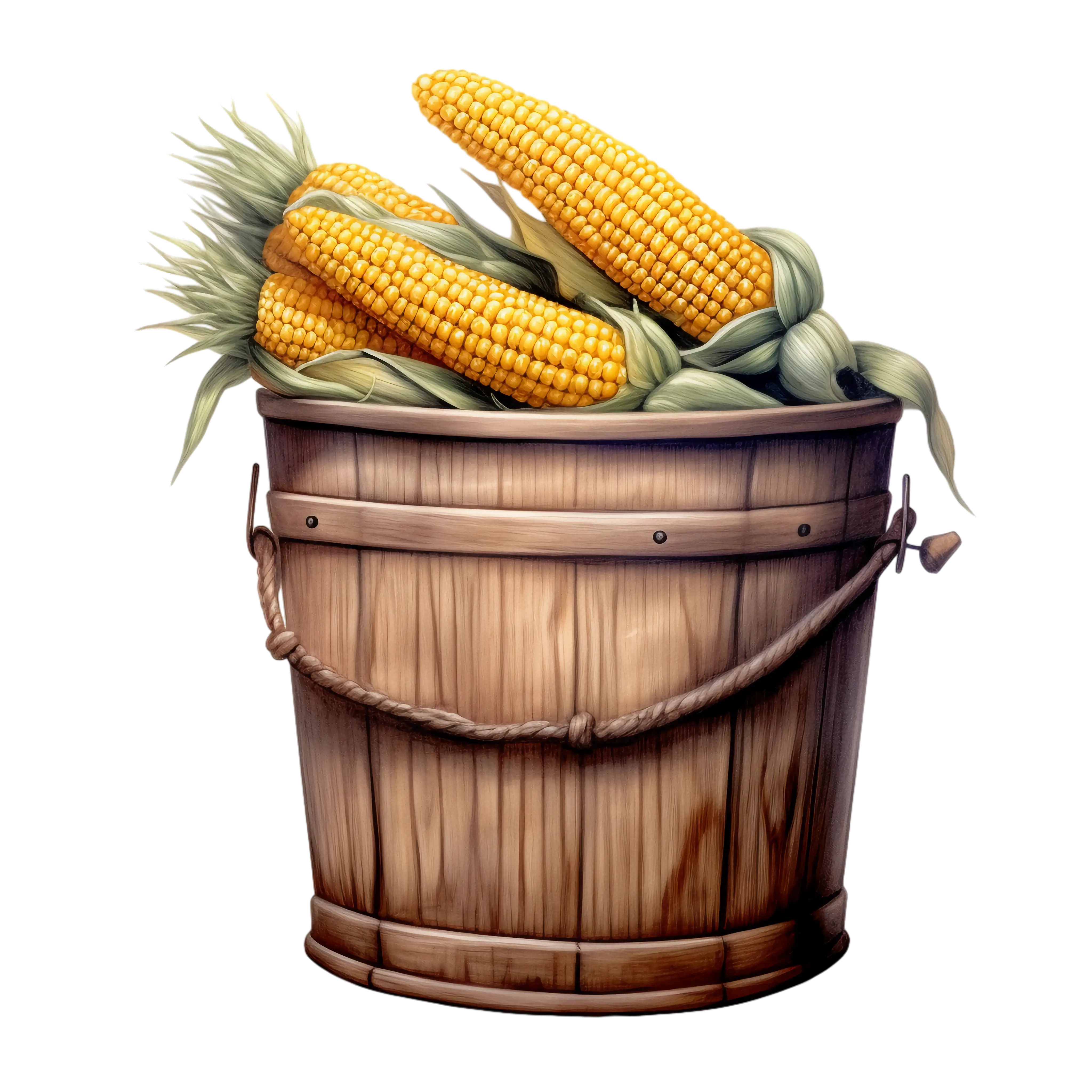 Wooden Bucket Filled with Fresh Corn