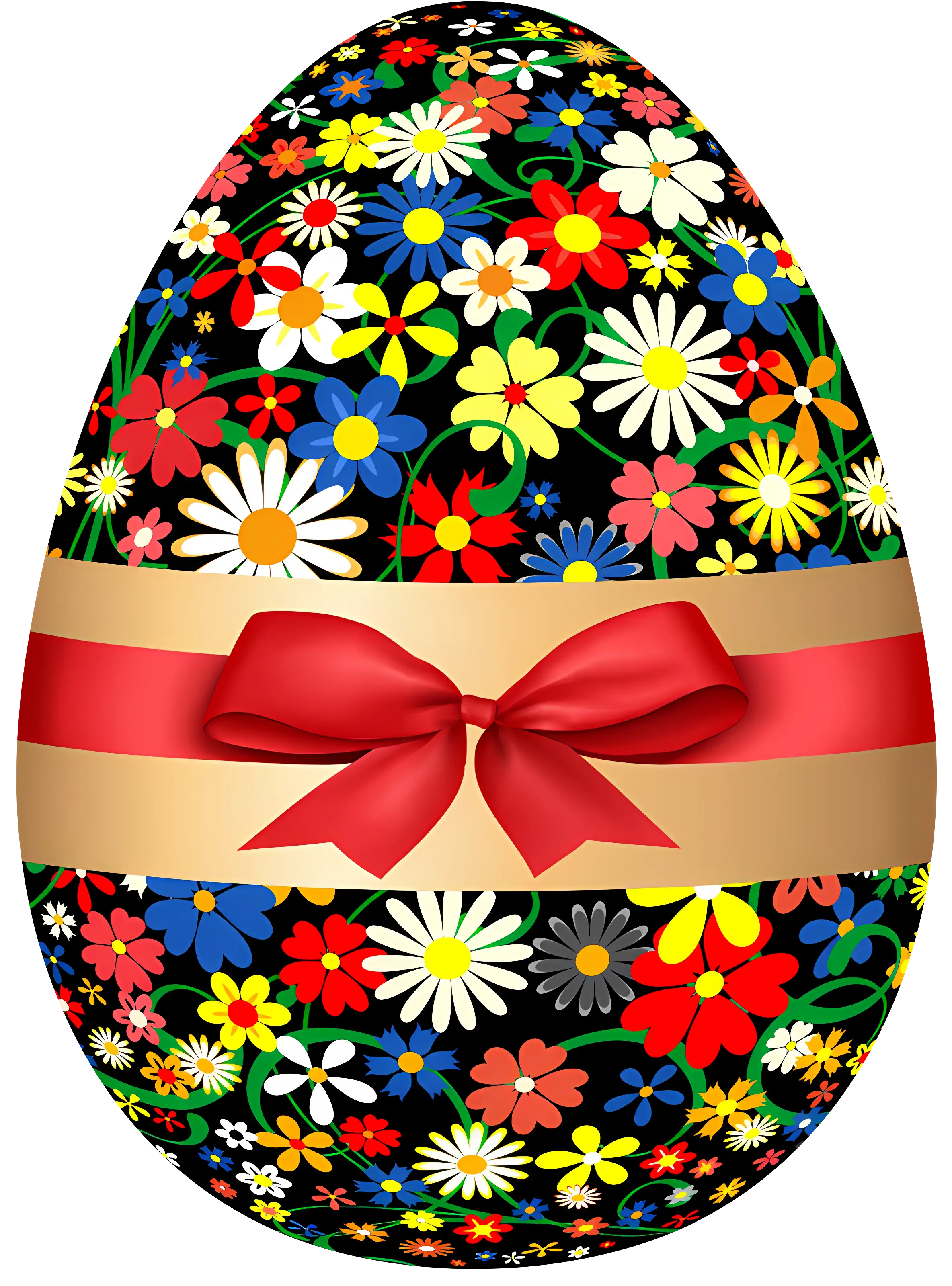 Decorative Easter Egg with Floral Patterns and Red Ribbon