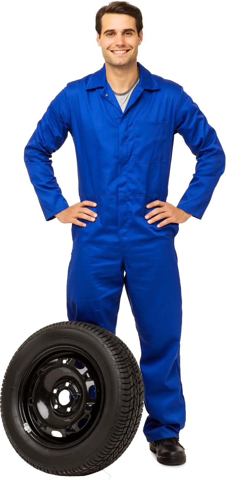 Mechanic in Blue Uniform with Tire