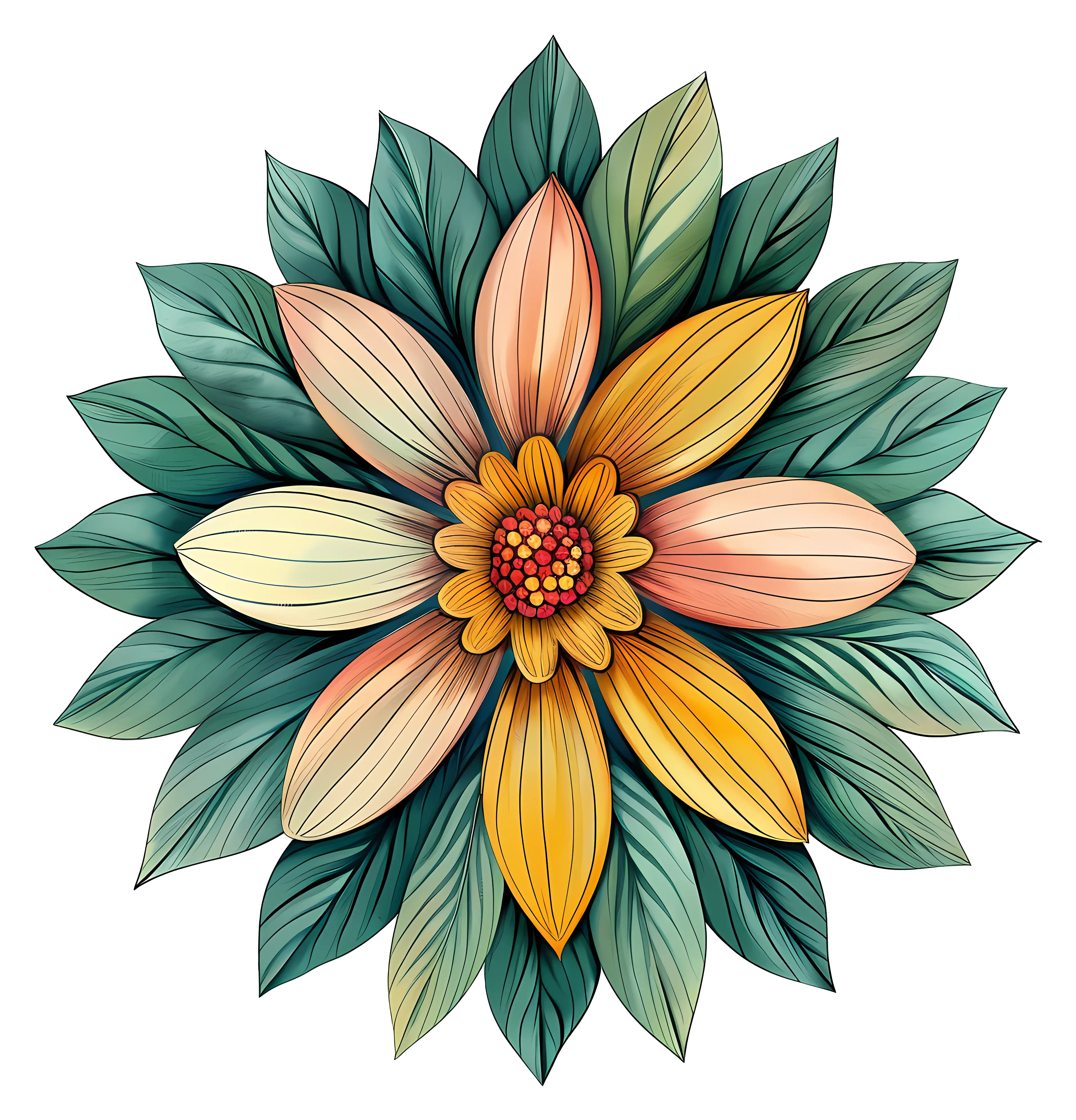 Hand-Drawn Floral Design with Vibrant Leaves