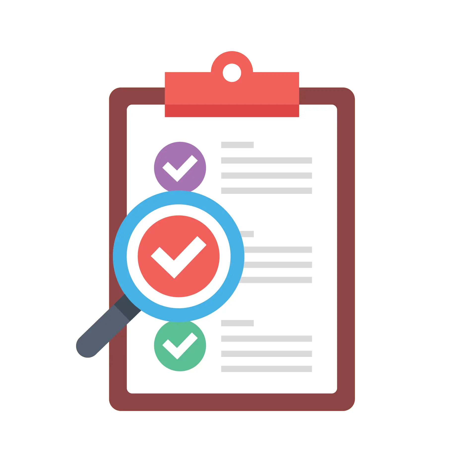 Clipboard with Checklist Items and Magnifying Glass