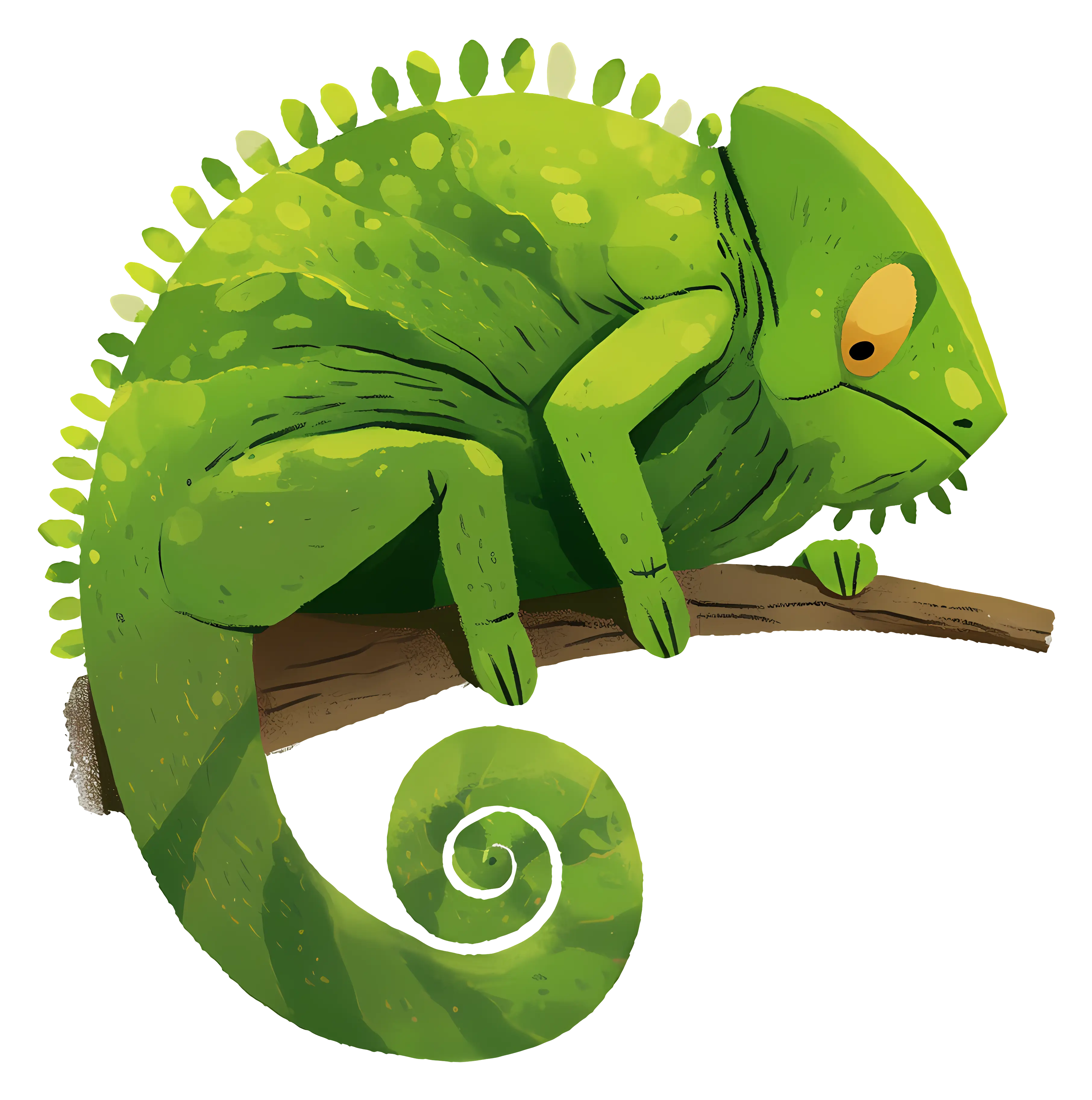 Green Cartoon Chameleon on Branch