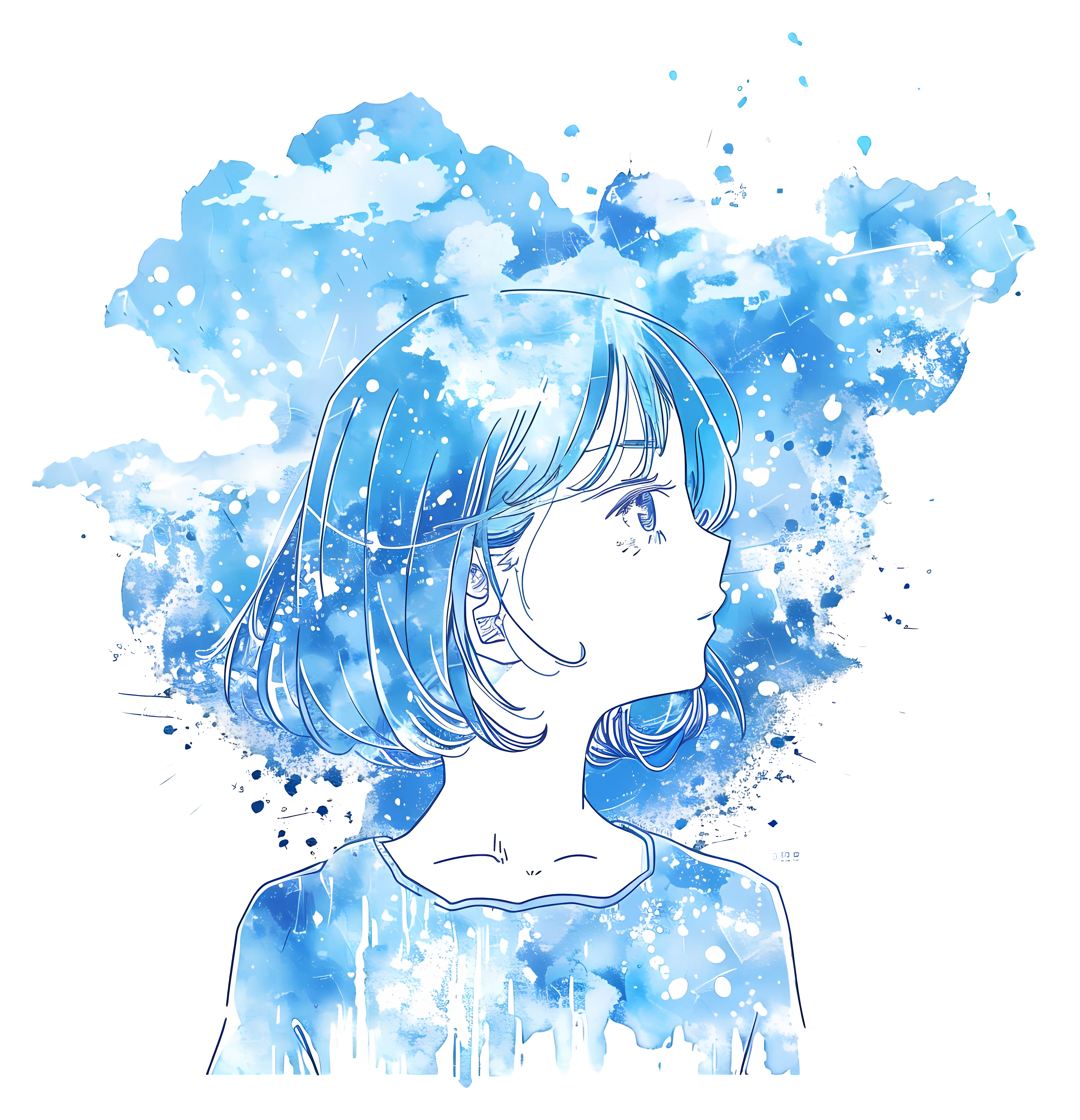 Blue Watercolor Anime Girl Illustration