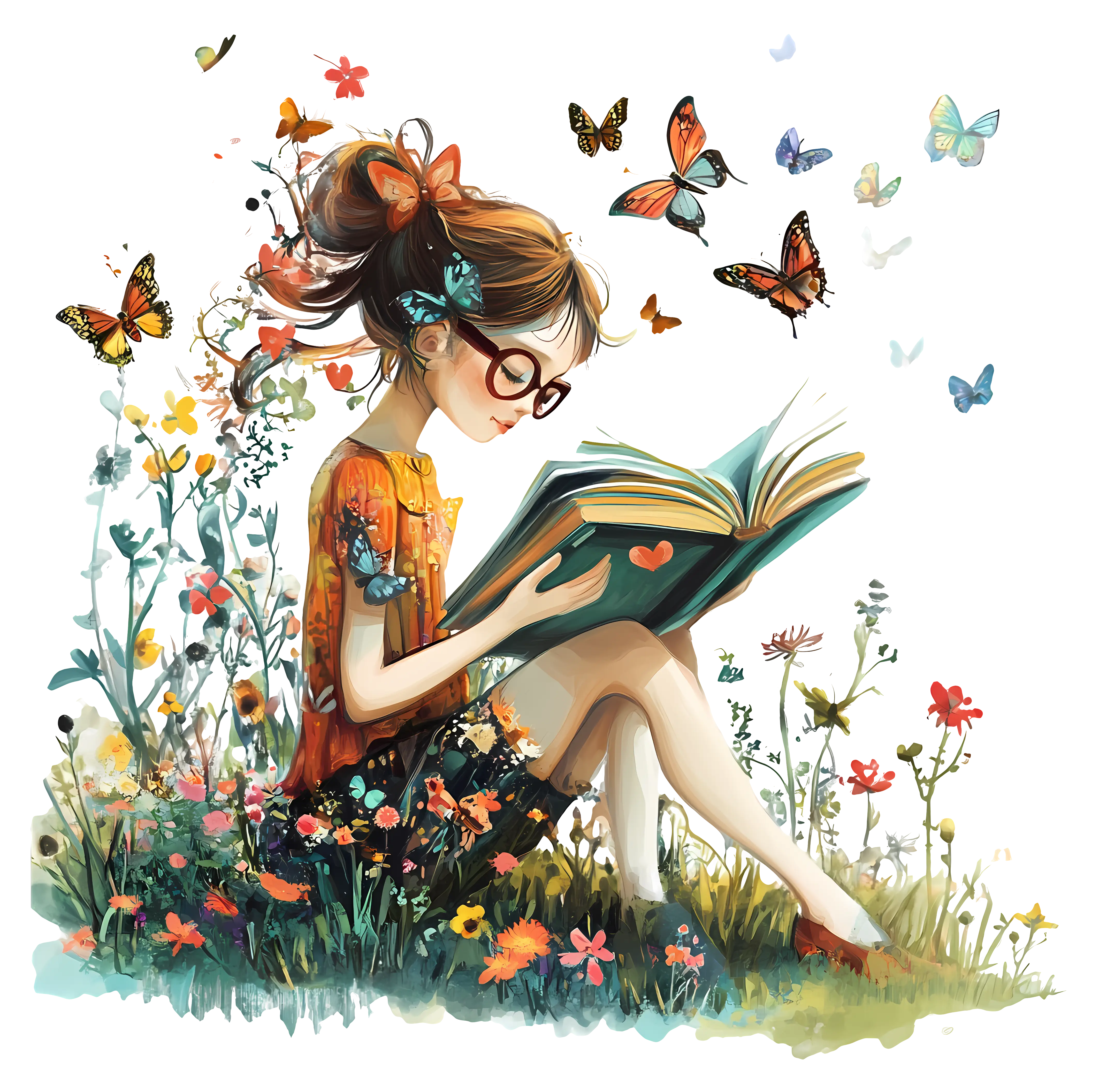 Girl Reading with Butterflies Around