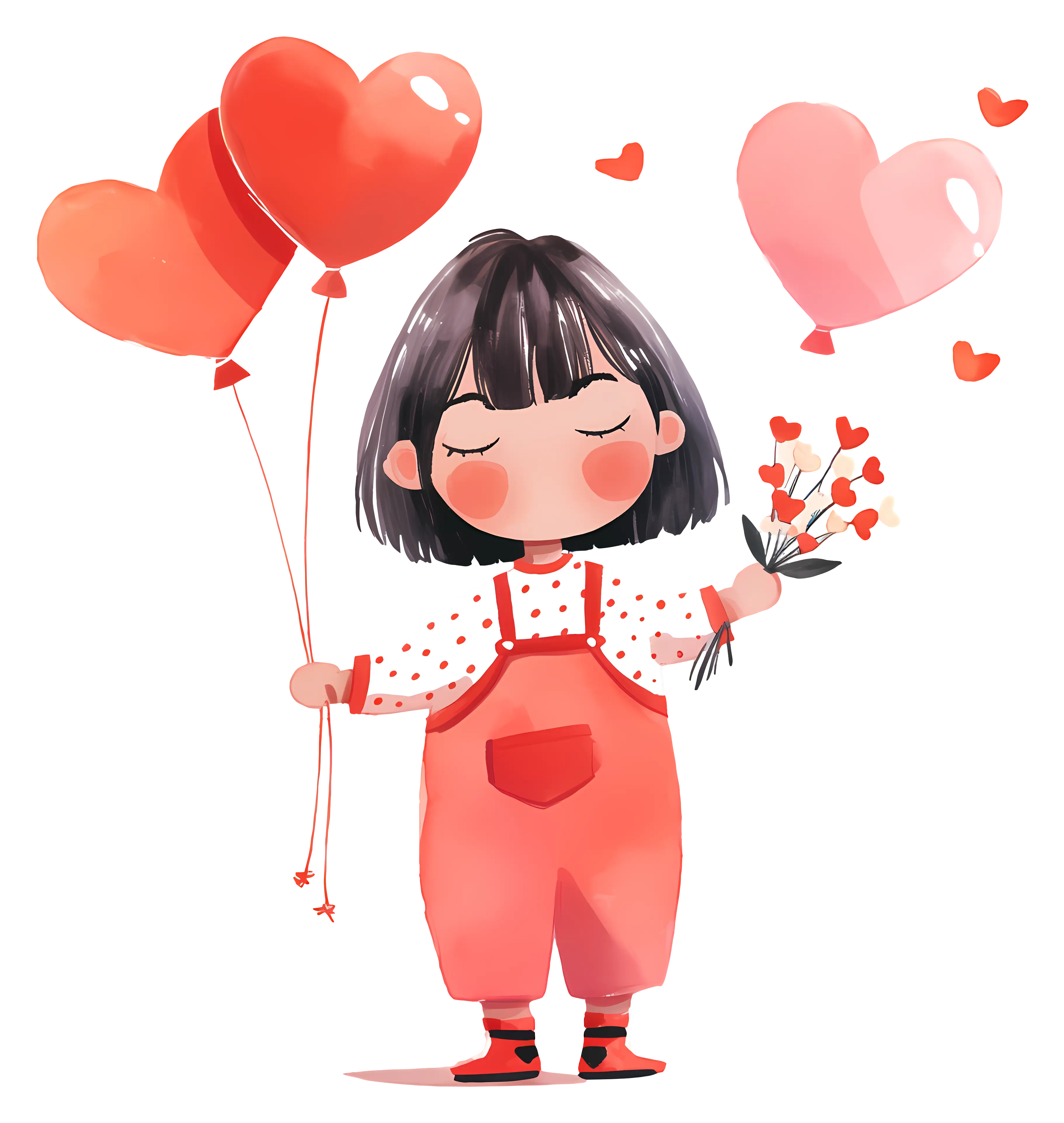 Girl with Heart Balloons and Flowers
