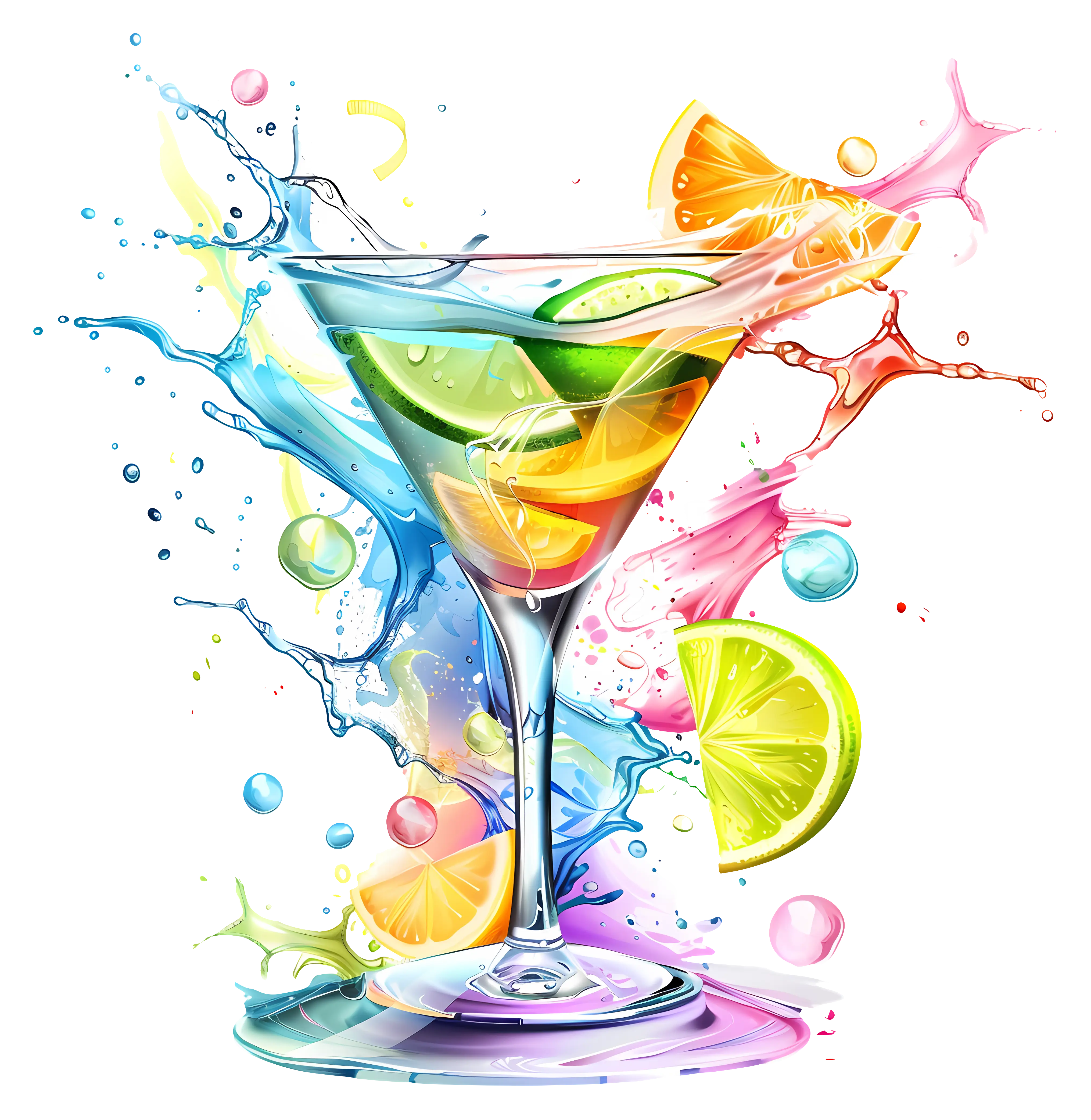 Artistic Martini Glass with Colorful Drink Splash