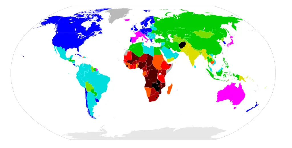 Multicolored World Map with Regional Segments