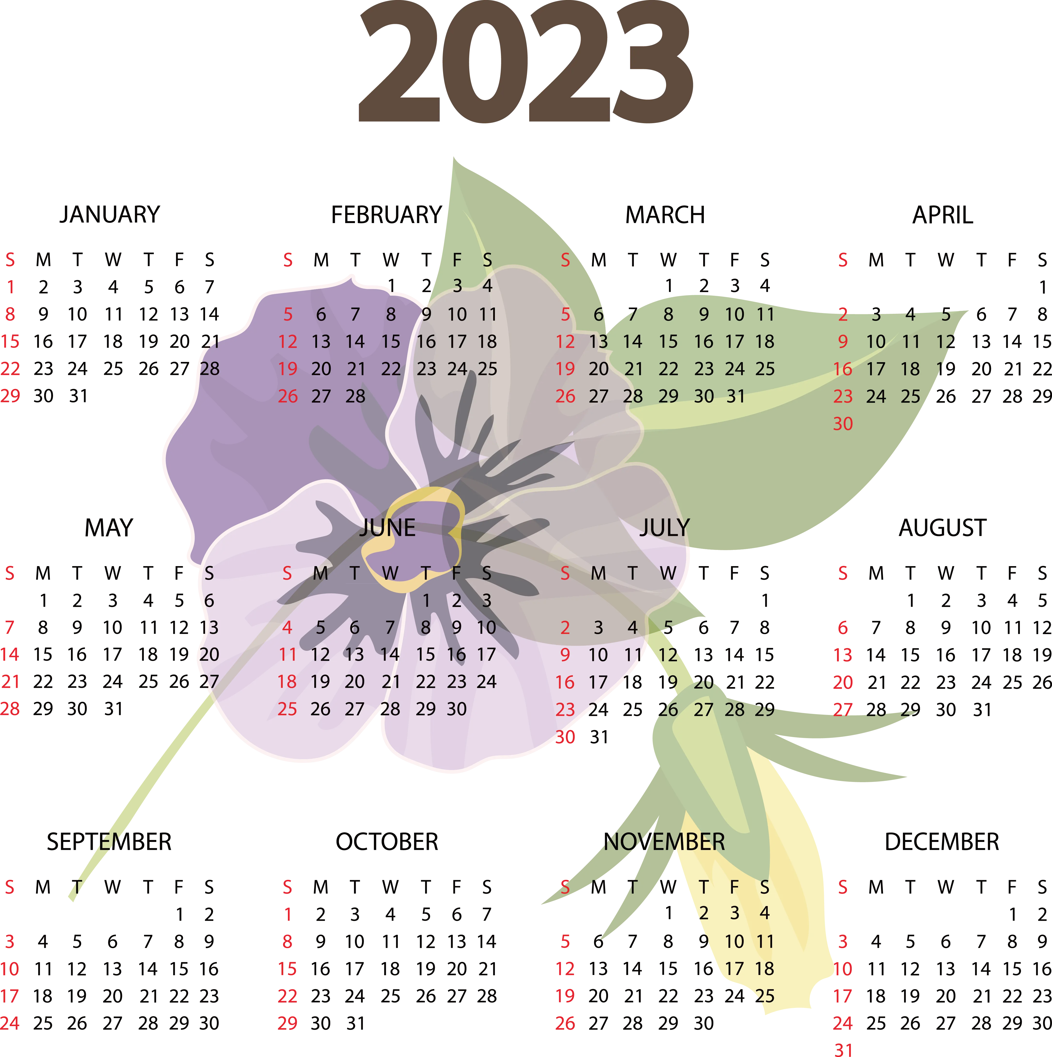 2023 Calendar Featuring Violet Flower