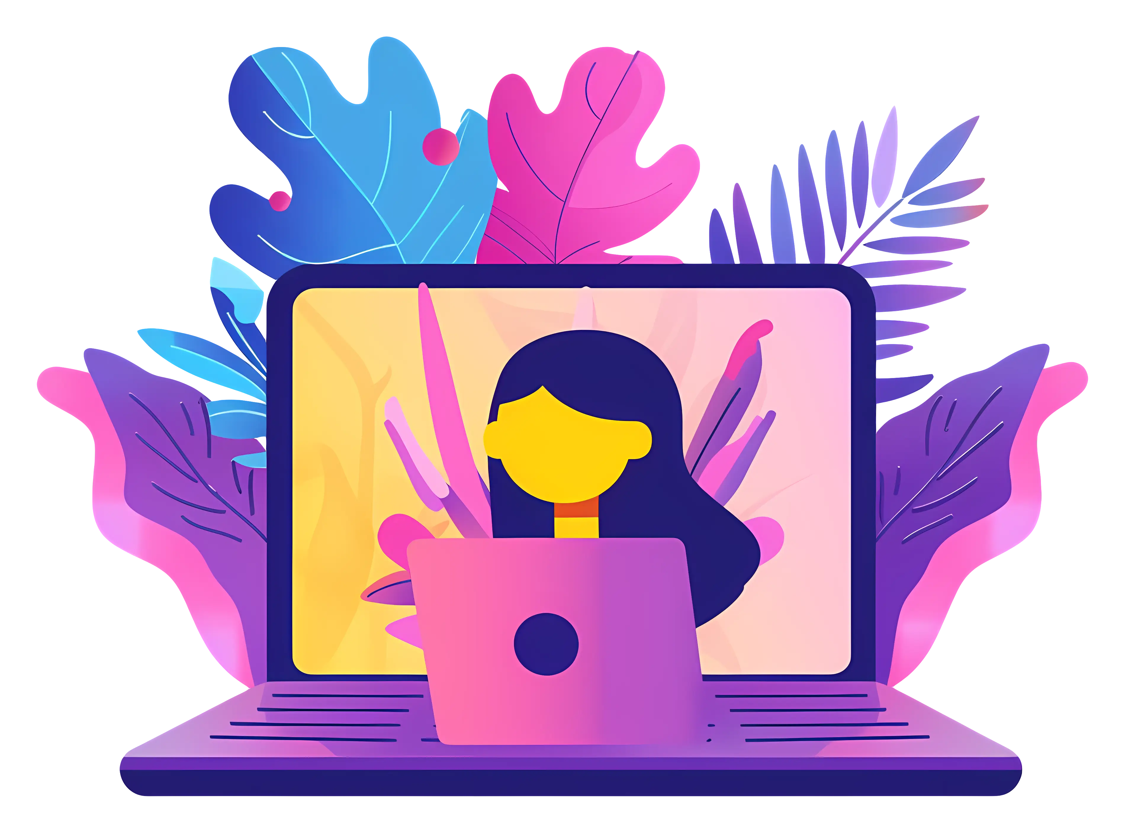 Woman Working on Laptop with Leaves