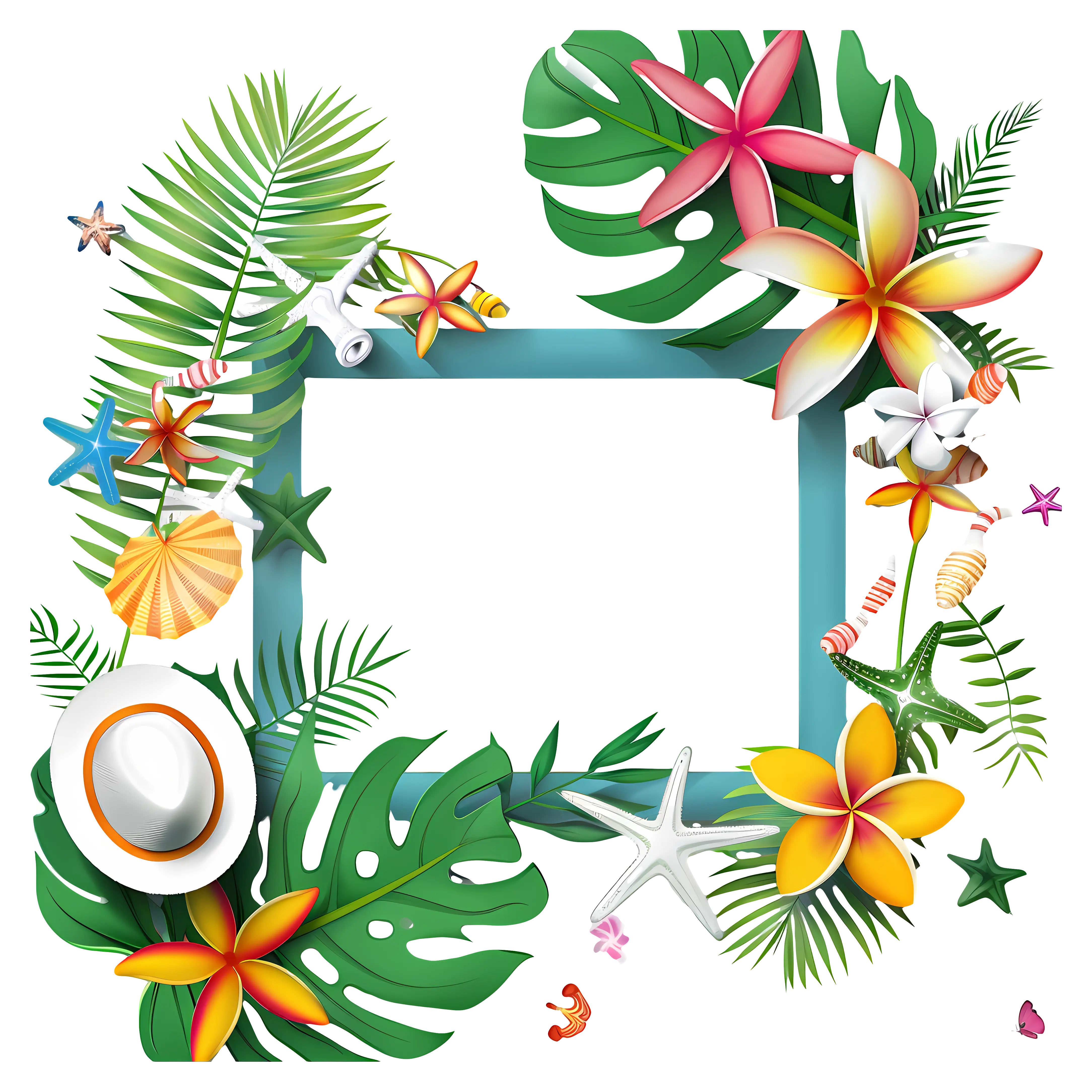 Tropical Floral Frame with Exotic Leaves and Flowers