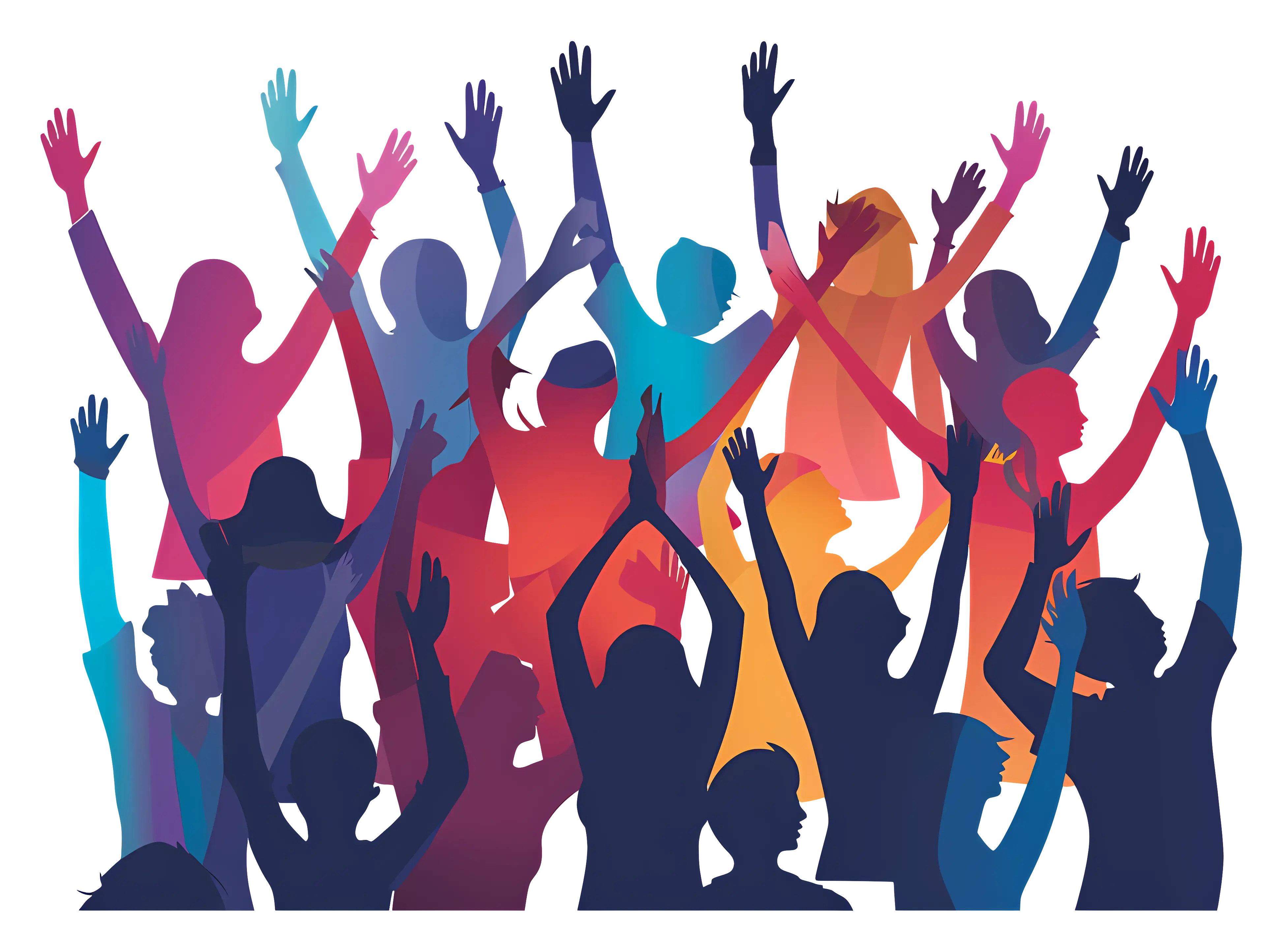 Group of People Cheering in Vibrant Colored Silhouettes