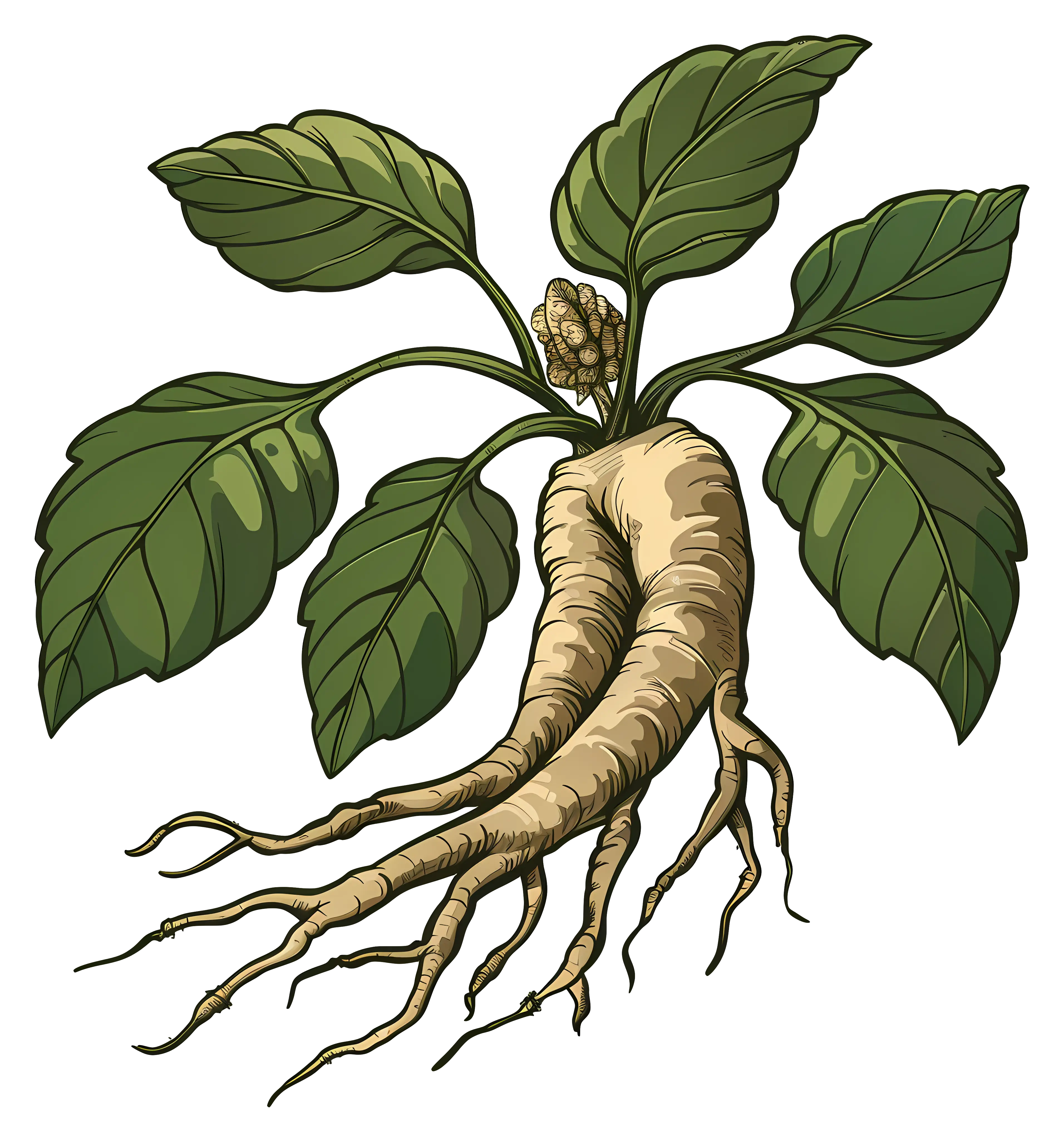 Botanical Illustration of Ginseng Root with Leaves
