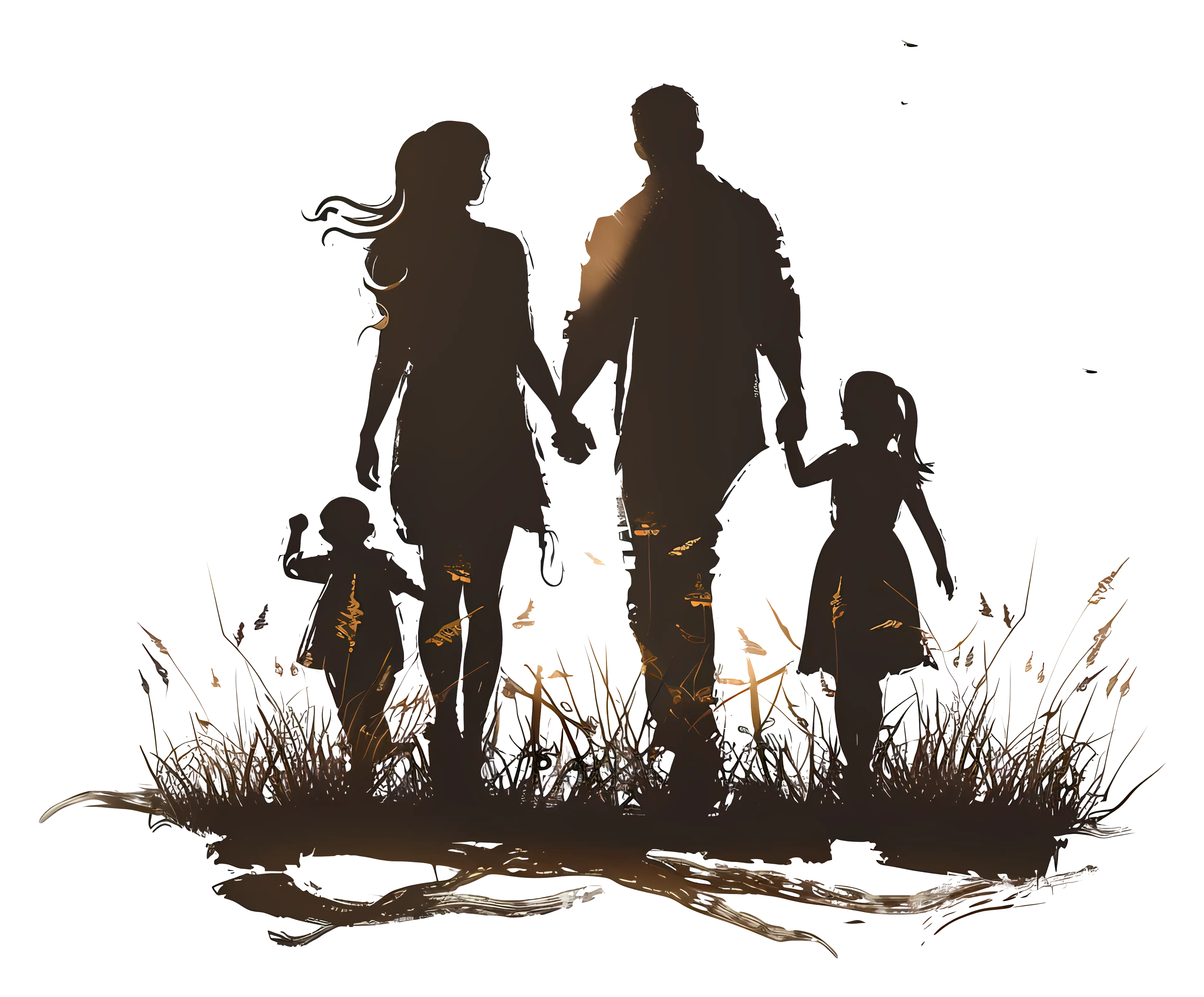 Family Silhouette Walking Together Through Grassland