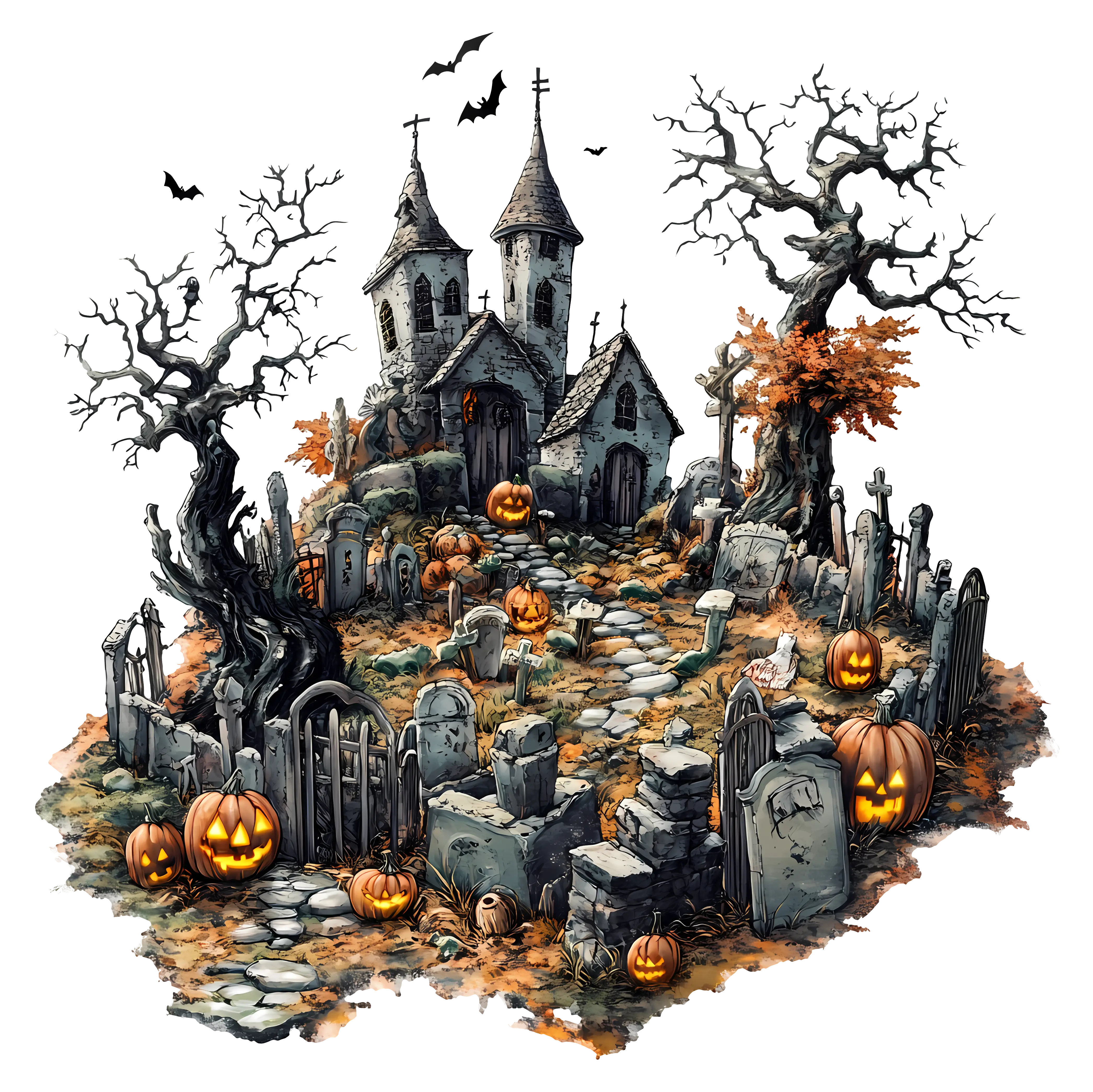 Haunted Graveyard Scene with Pumpkins and Gothic Church