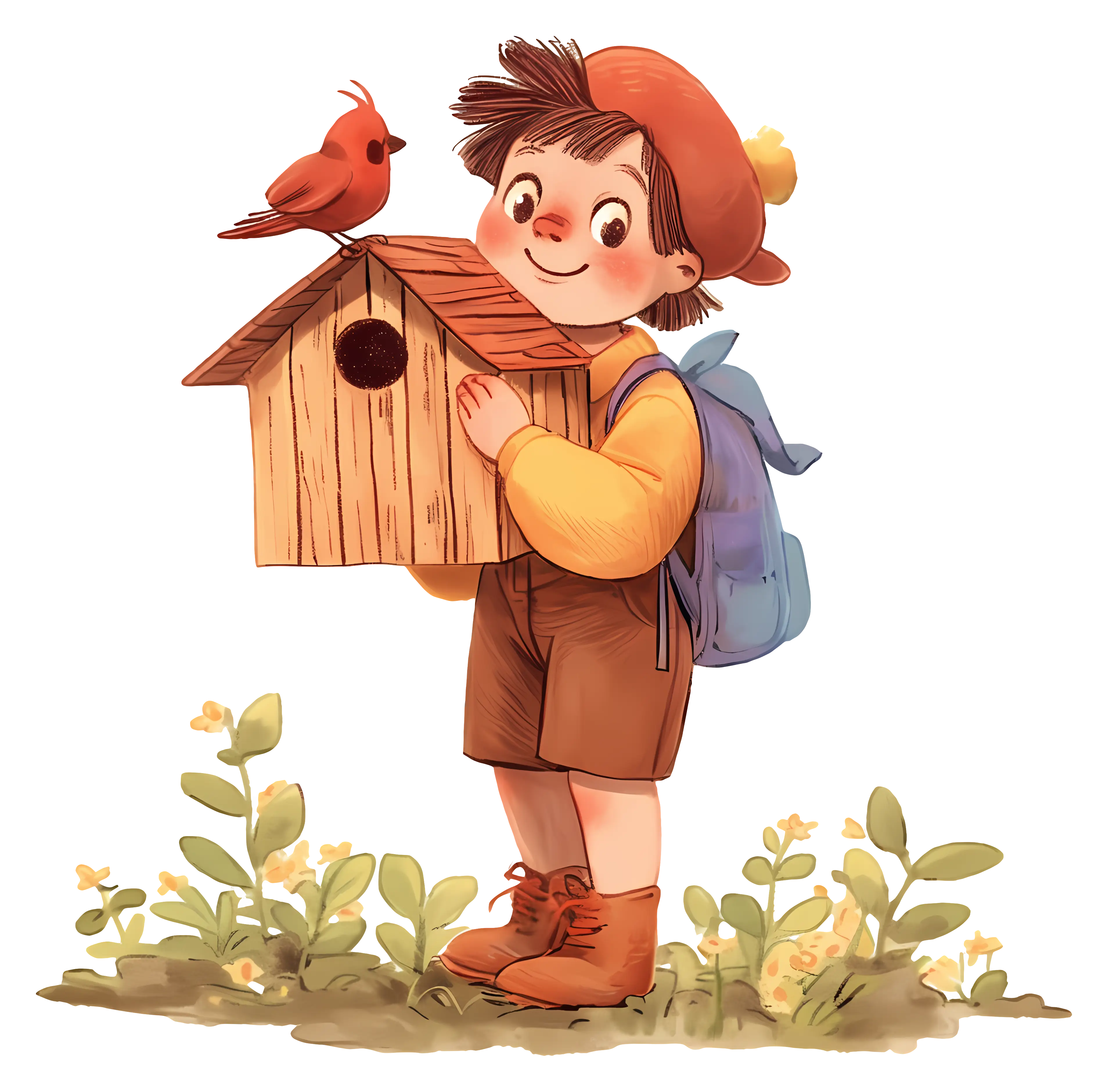 Boy Holding Birdhouse with Bird