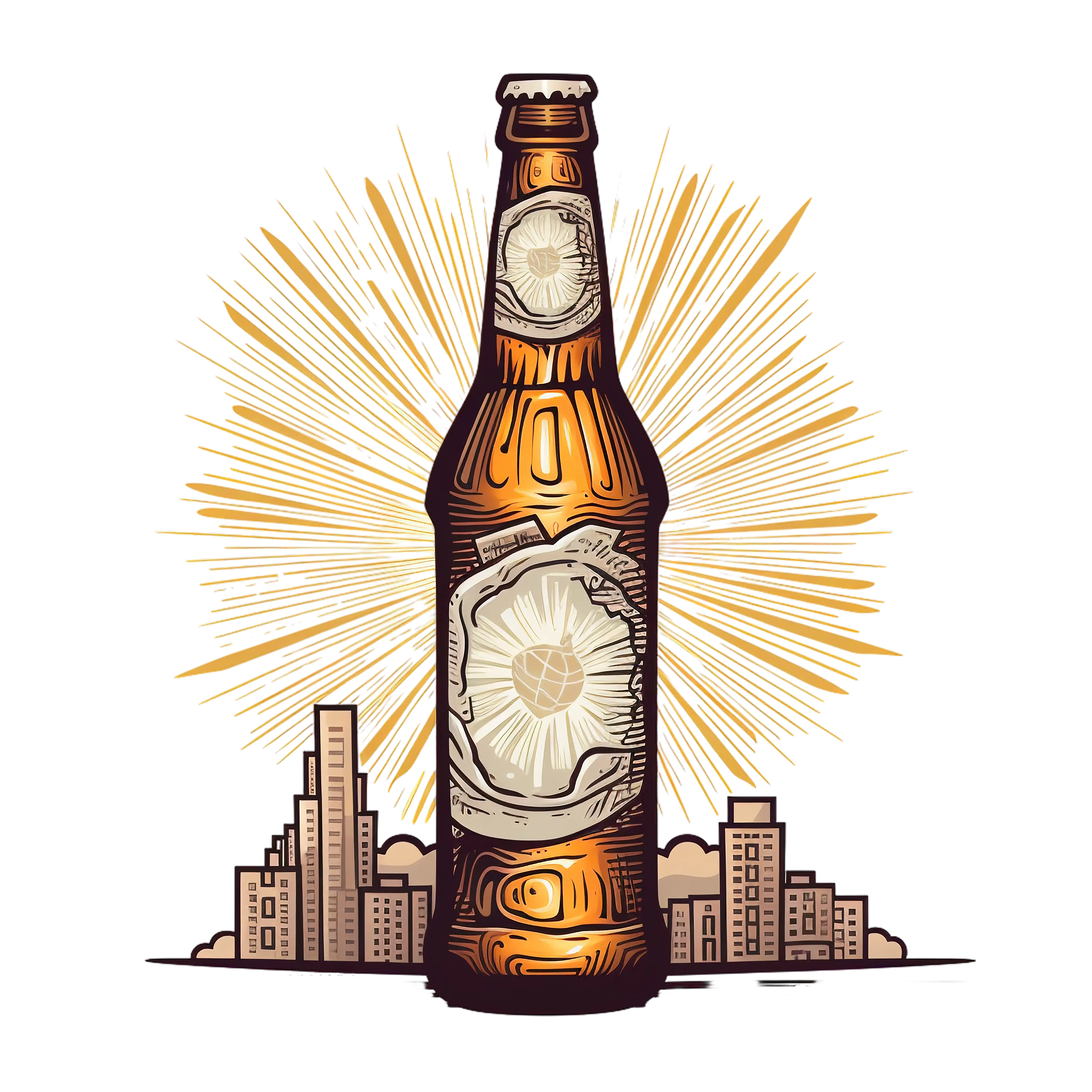 Stylized Beer Bottle with Cityscape and Sunburst Illustration
