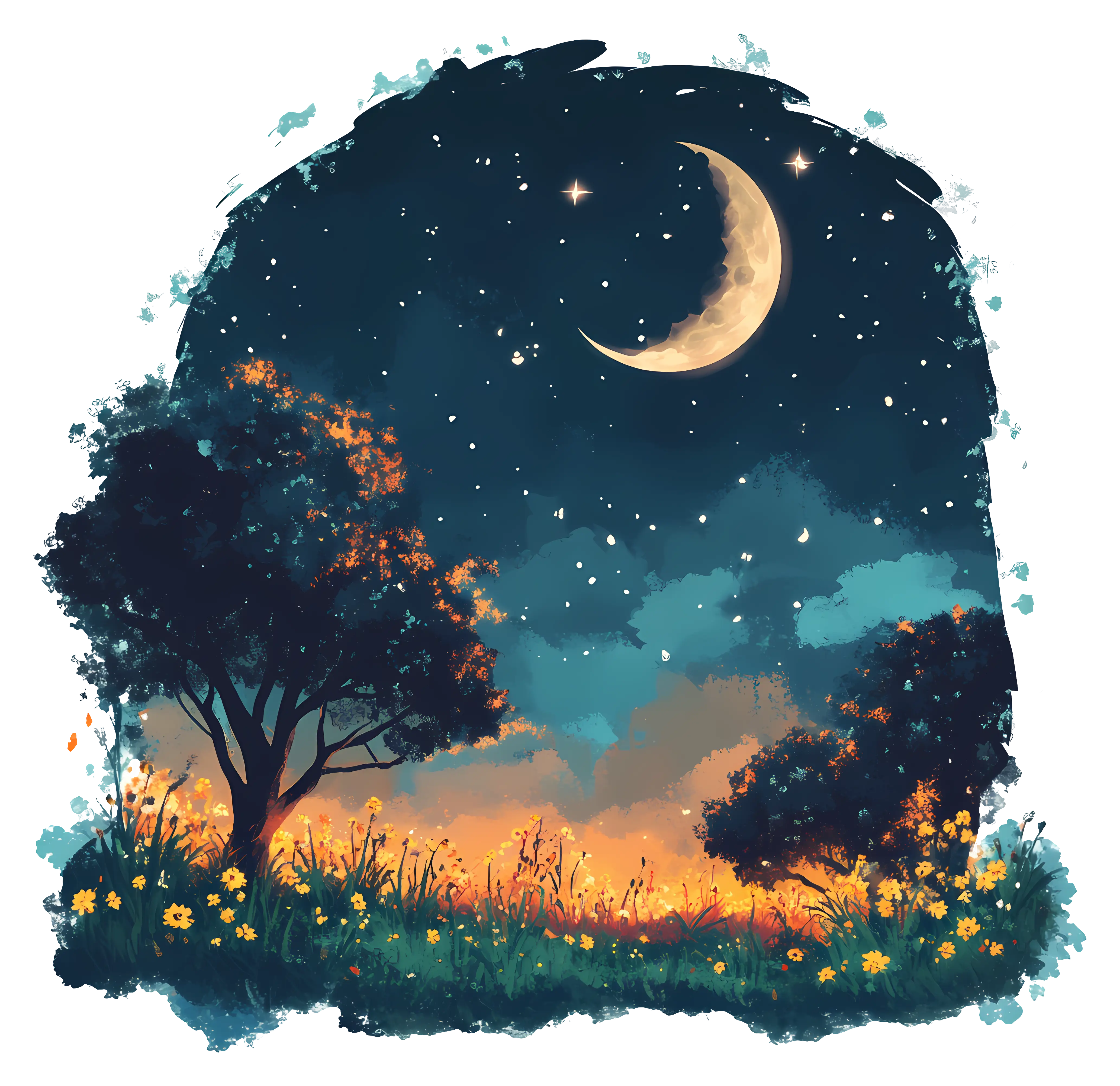 Serene Night Sky Landscape with Moon and Stars