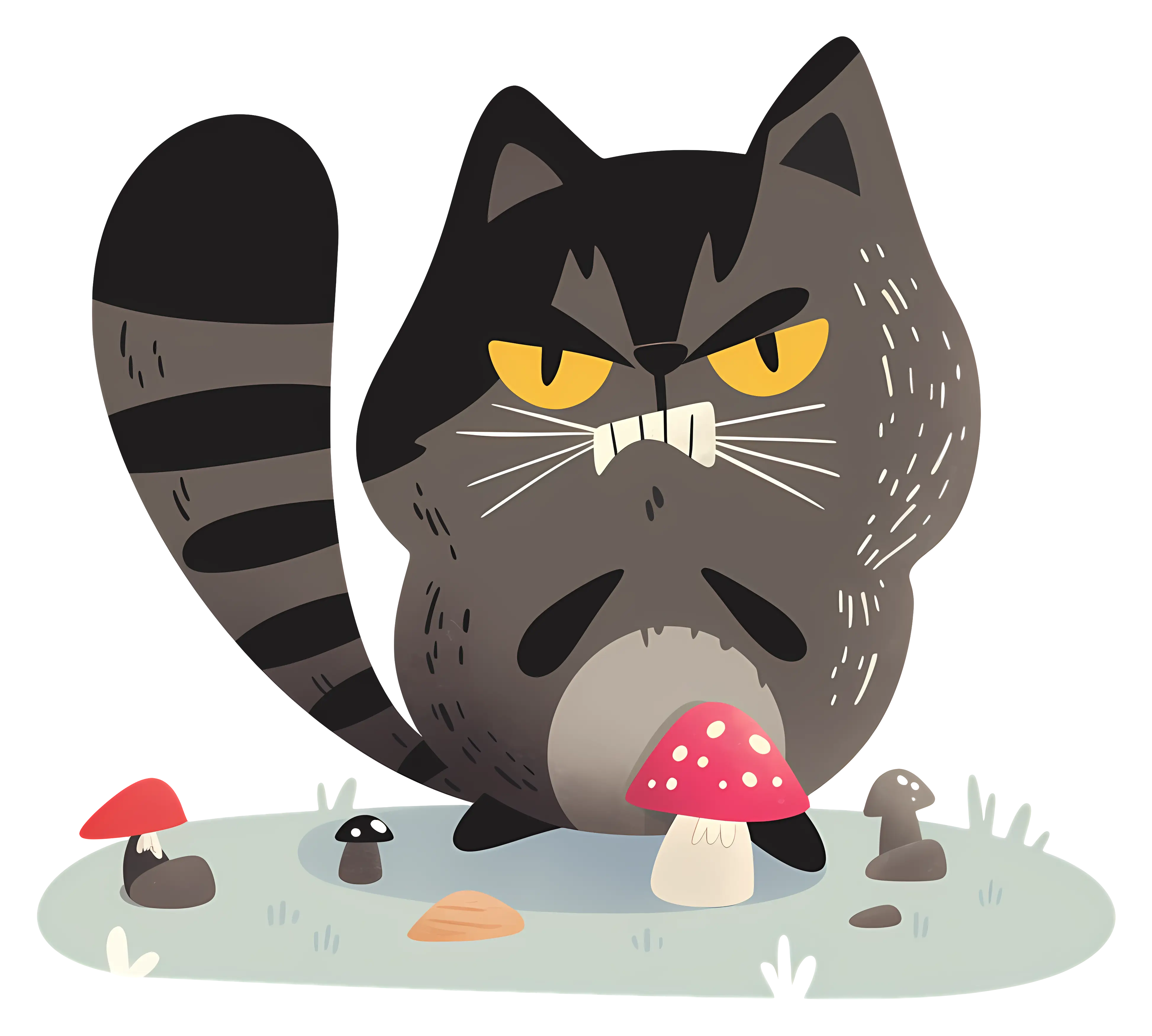 Grumpy Cartoon Cat with Mushrooms