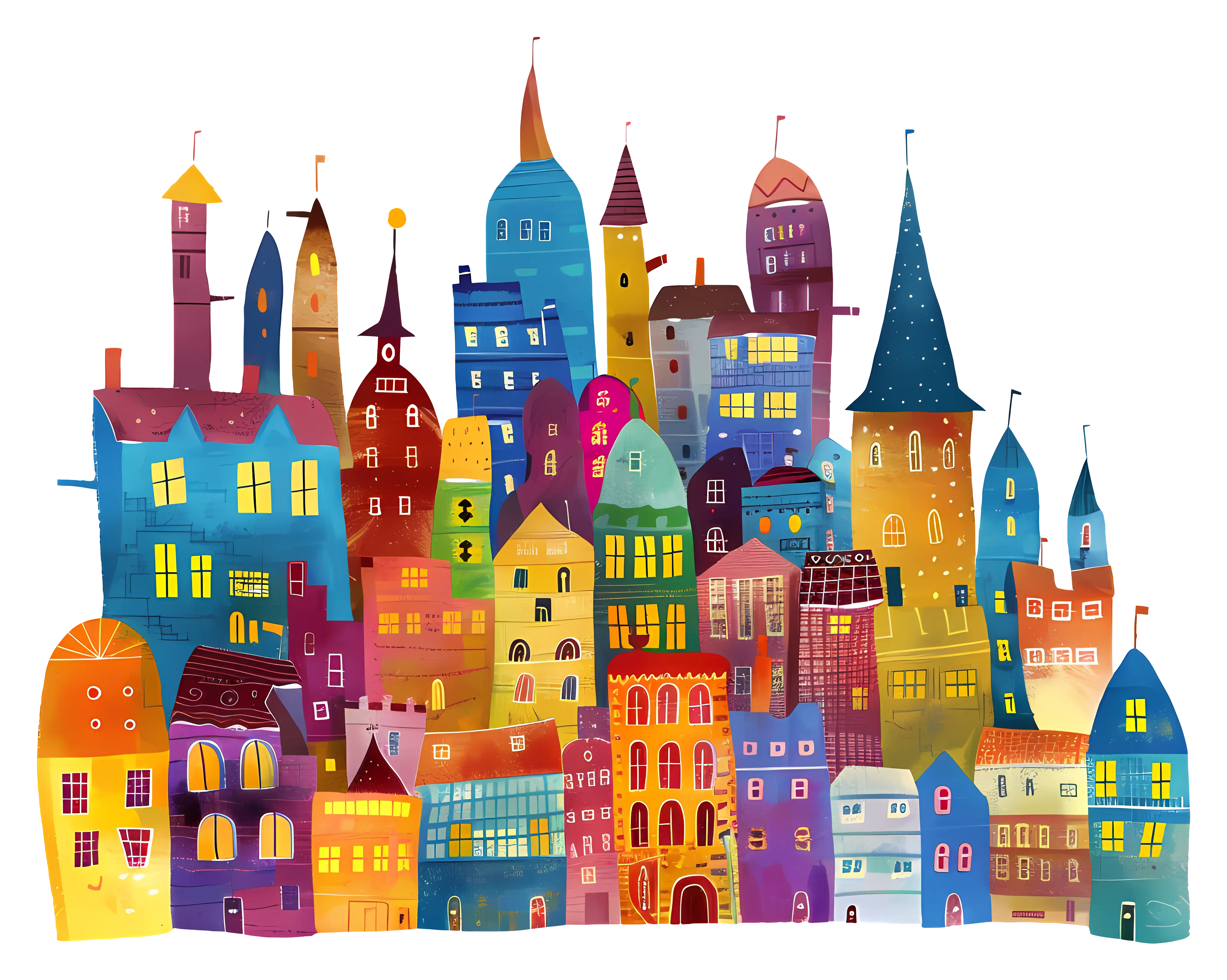 Colorful Doodle Houses in a Cityscape