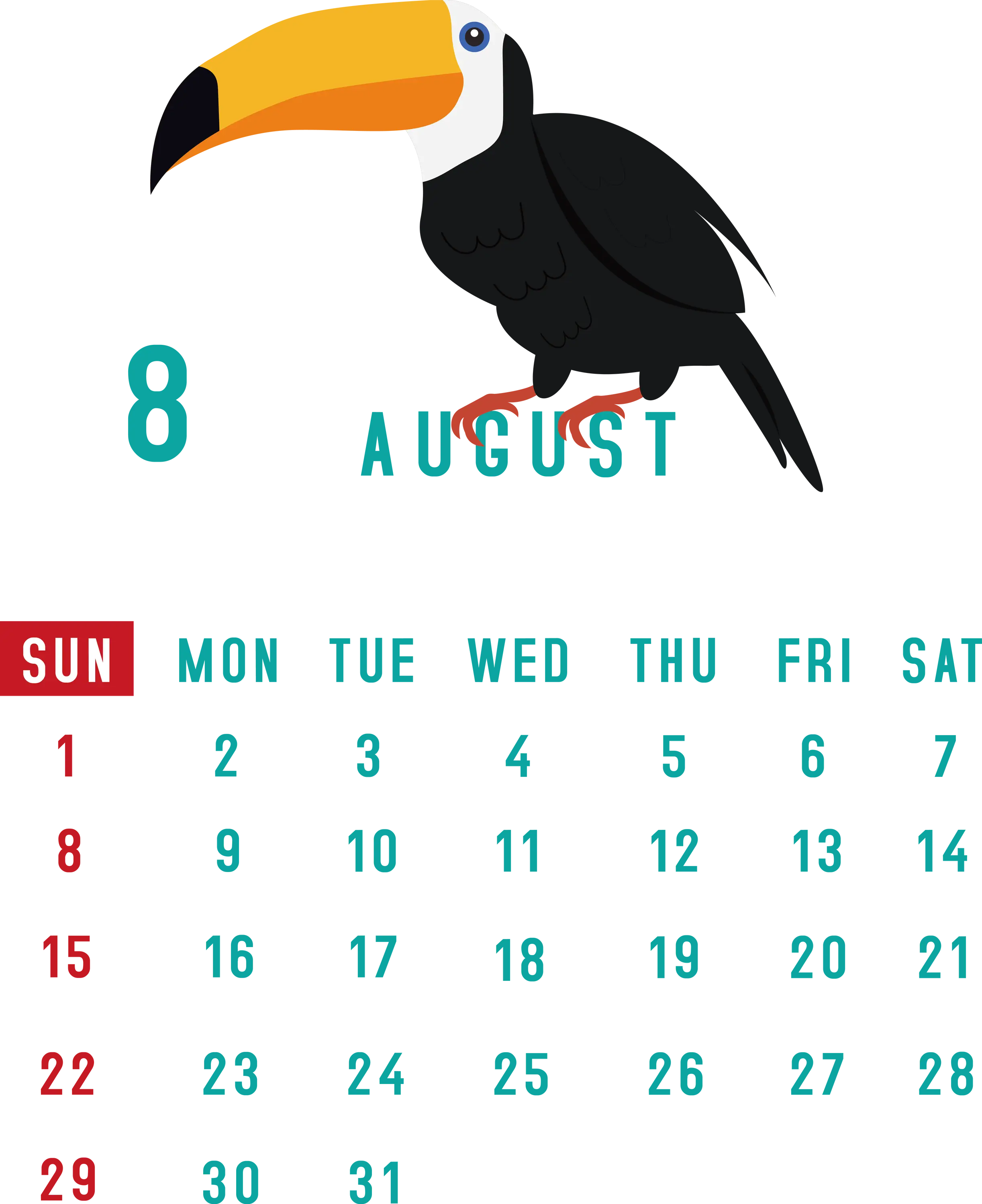 August Calendar with Toucan