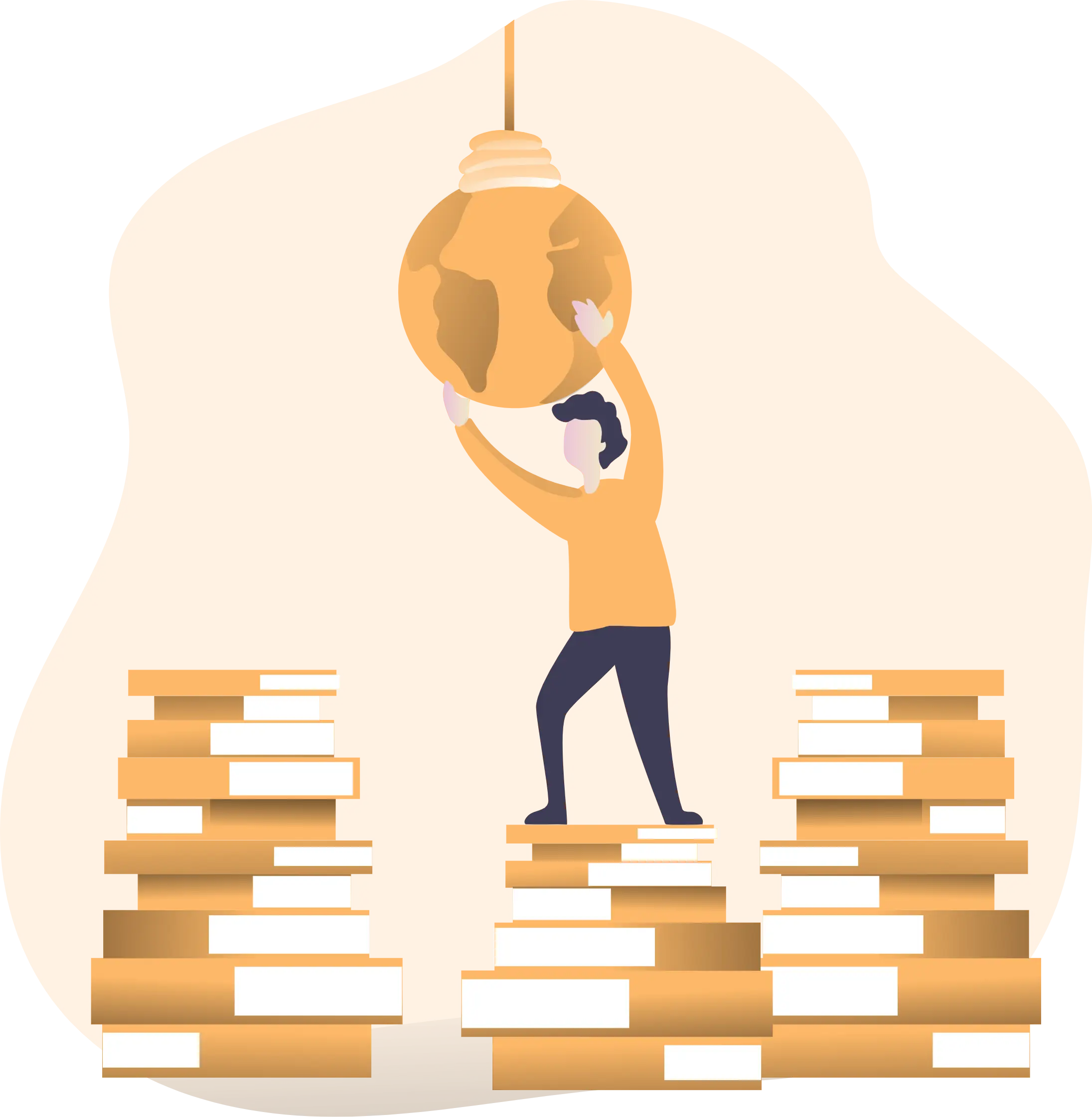 Person Holding Globe on Book Stack