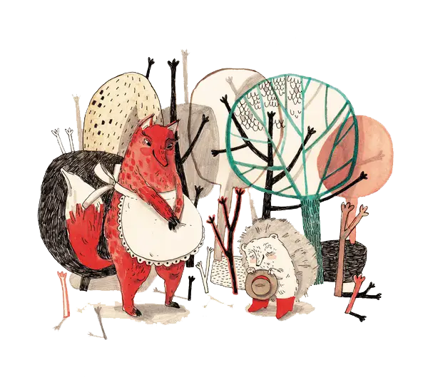 Cute Fox and Hedgehog in Forest Illustration