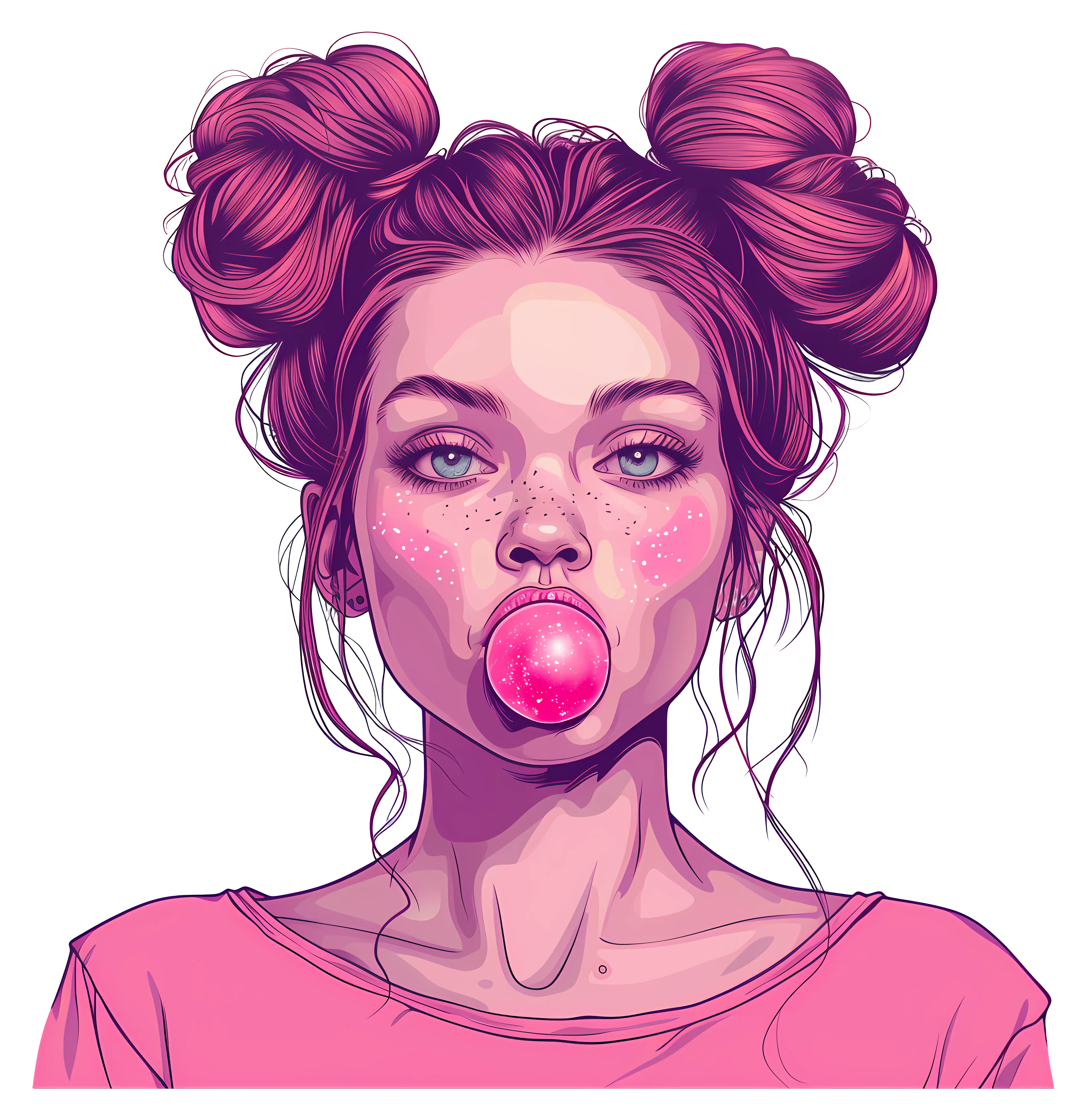 Girl with Pink Hair Blowing Bubblegum