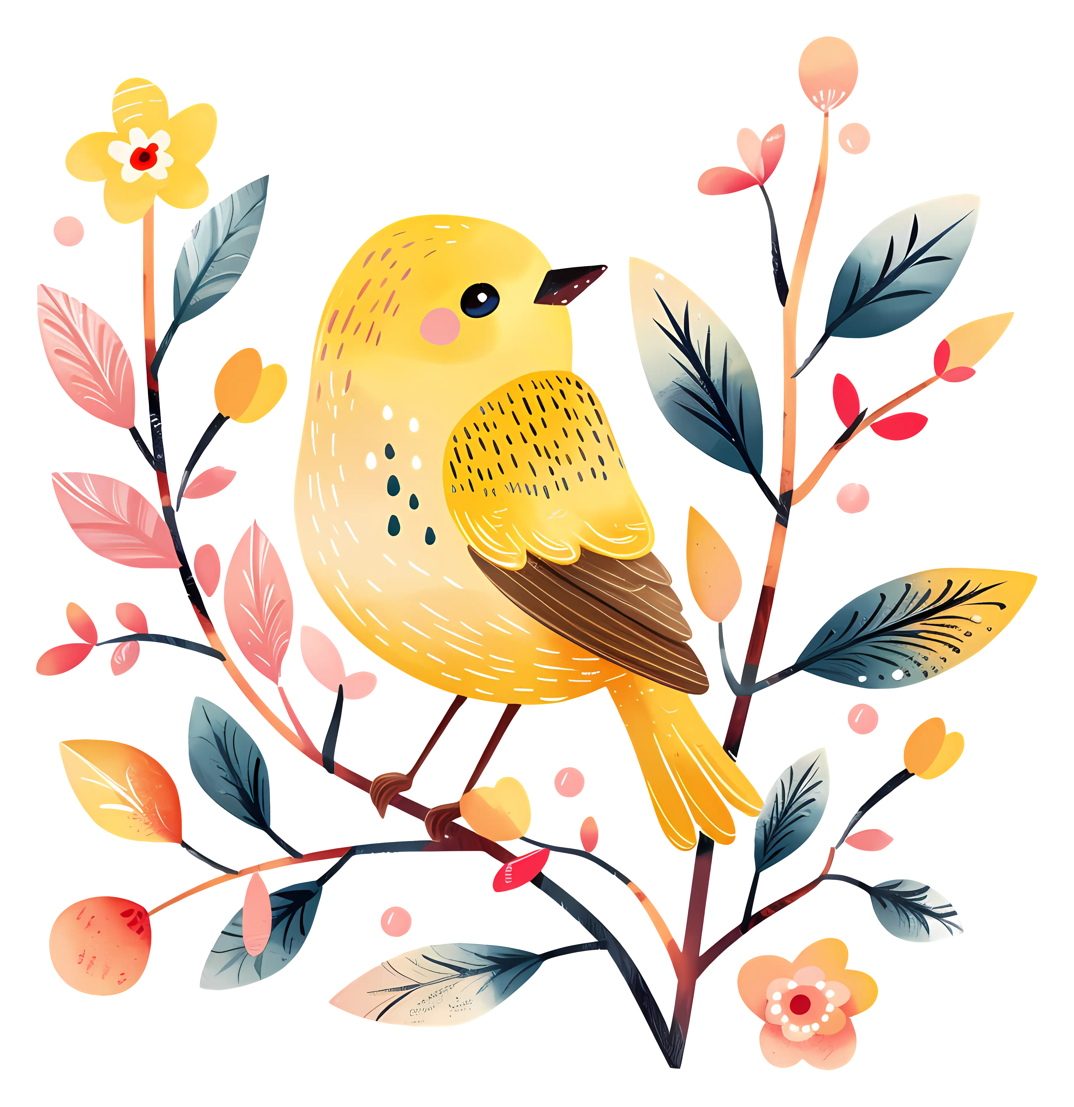Yellow Bird Illustration with Floral Motif