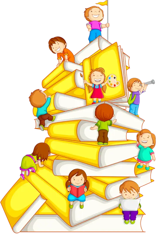 Children Playing on Stacked Books Illustration