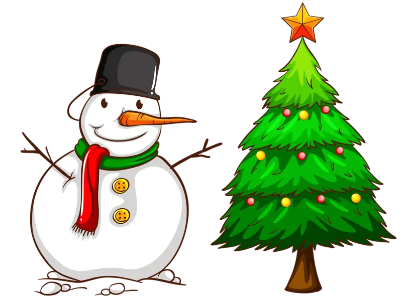 Snowman and Decorated Christmas Tree Illustration