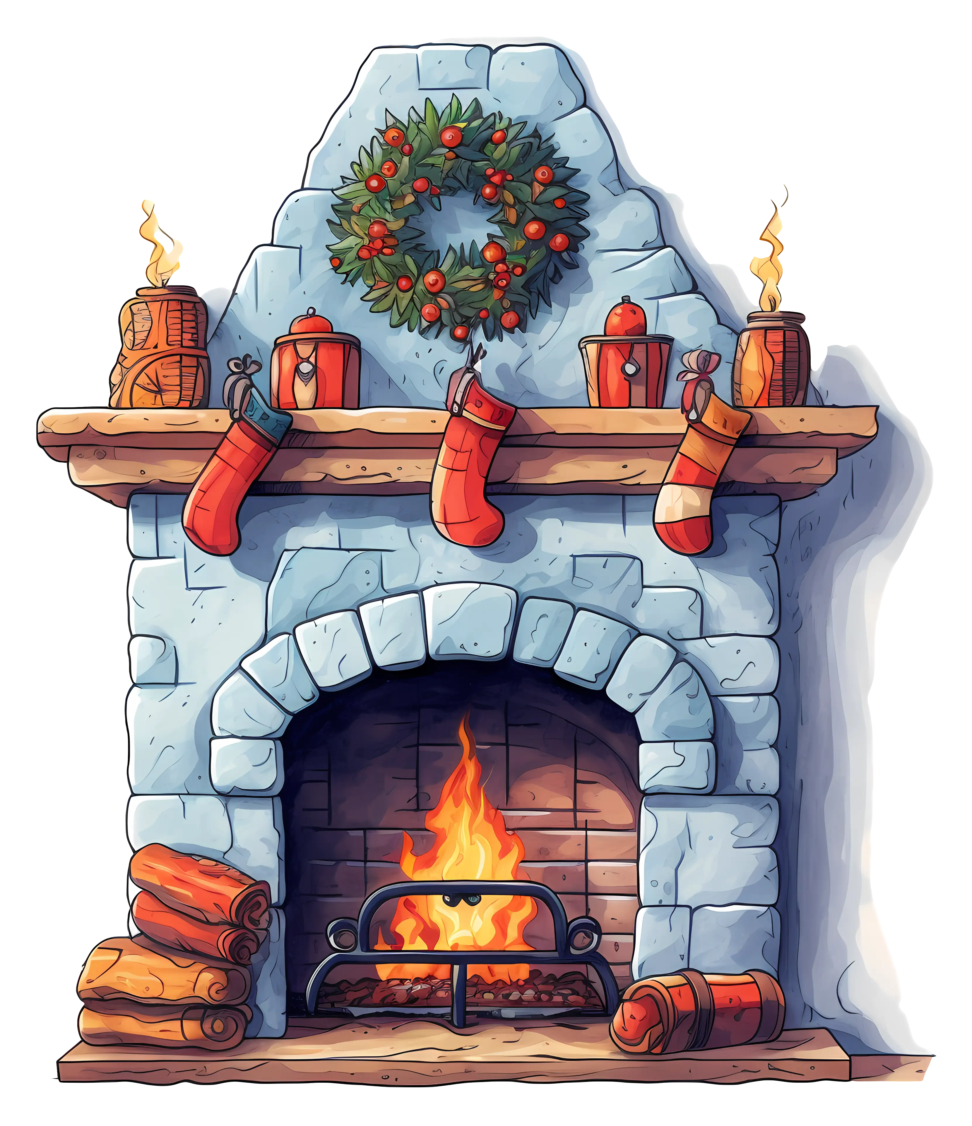 Cozy Christmas Fireplace with Stockings and Wreath